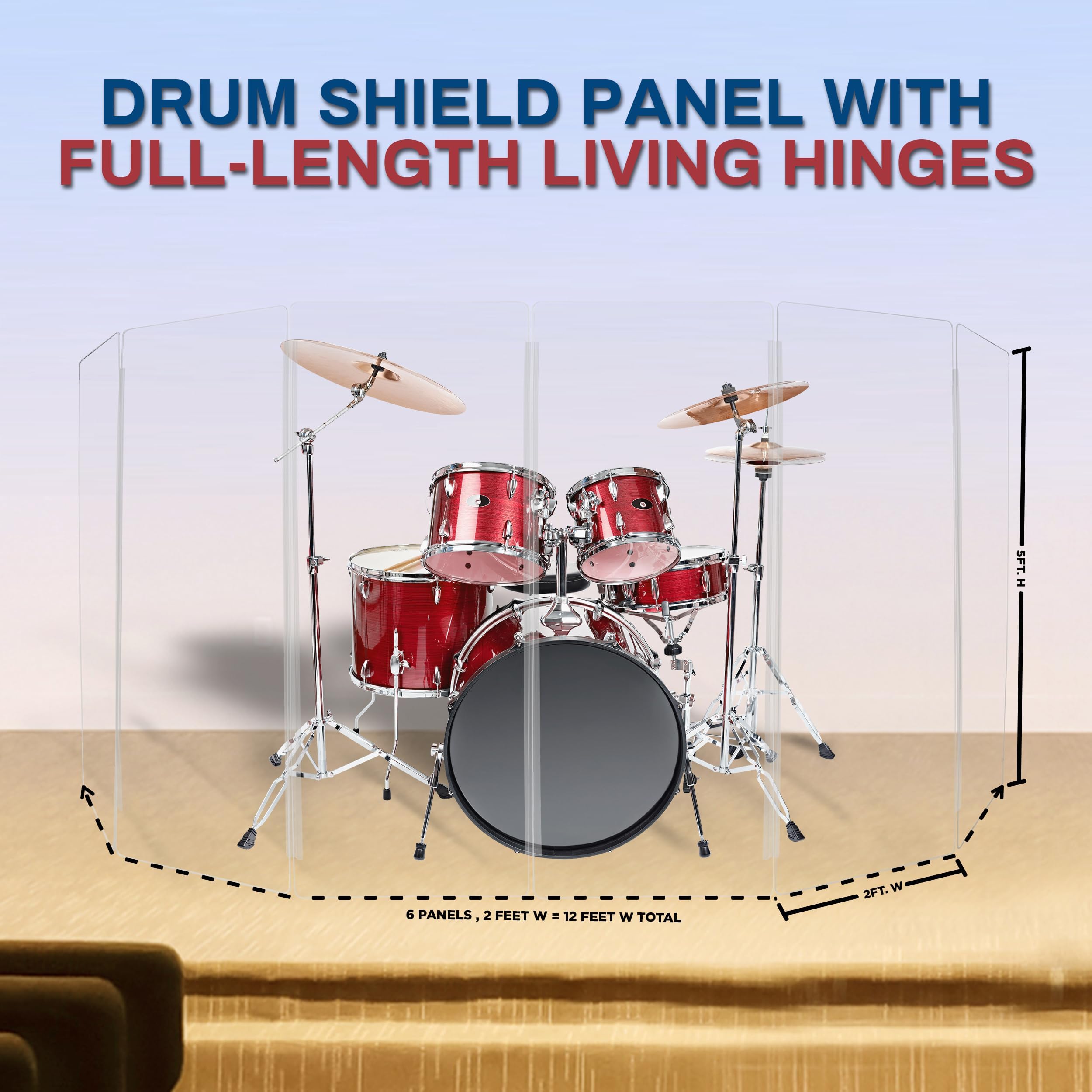 Pennzoni Drum Shield 5Ft W/Plastic Hinges, Comes W/ 6 Drum Panels & Plastic Hinges, Premium Clear Acrylic Panels, Drum Screen