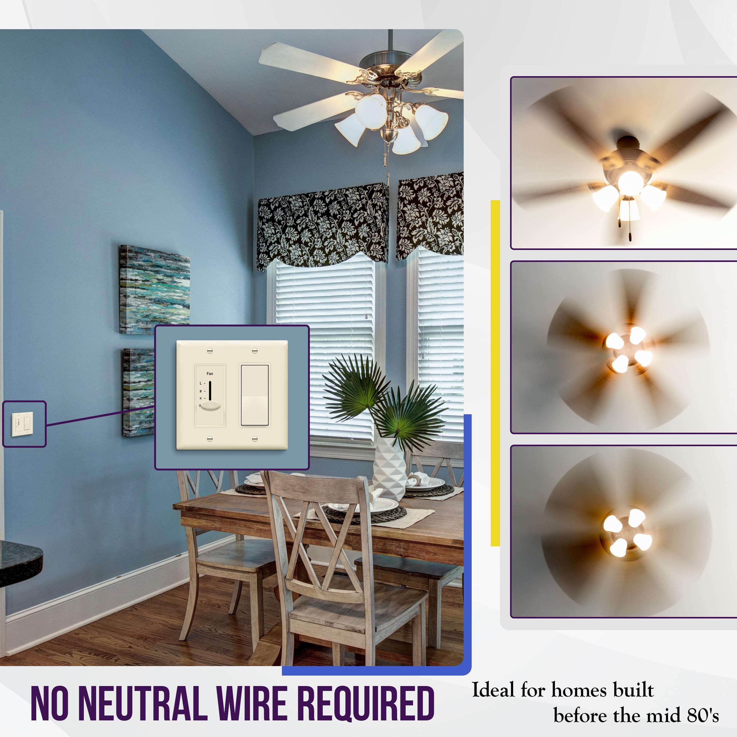 Enerlites 3 Speed In Wall Ceiling Fan Control, Slide Switch, 120Vac, 2.5A, Single Pole, No Neutral Wire Required, 17000 F3 La F,