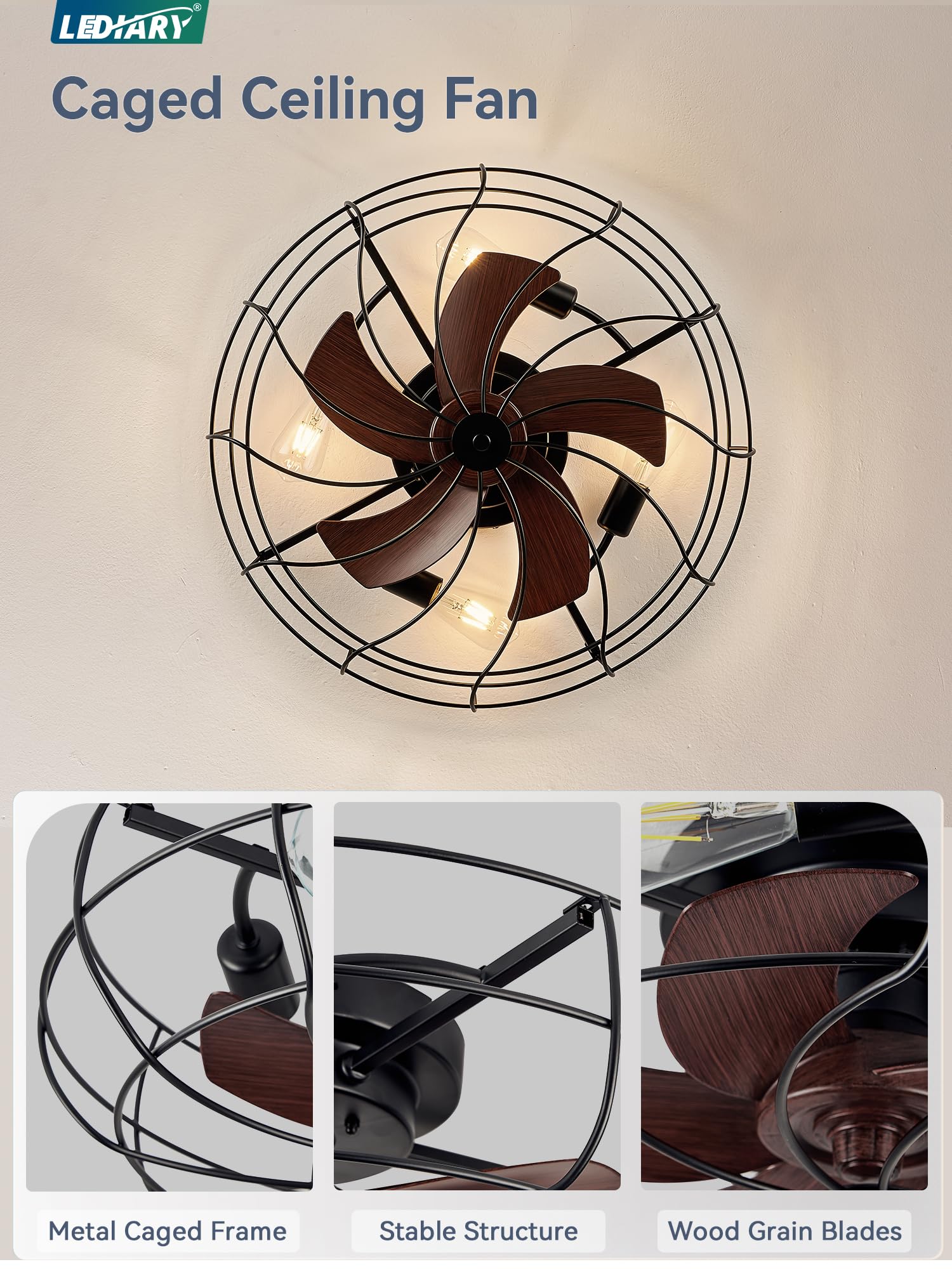 Lediary 23 Inch Caged Ceiling Fan With Light, Flush Mount Low Profile Ceiling Fan With Remote Control, Farmhouse Industrial Blad