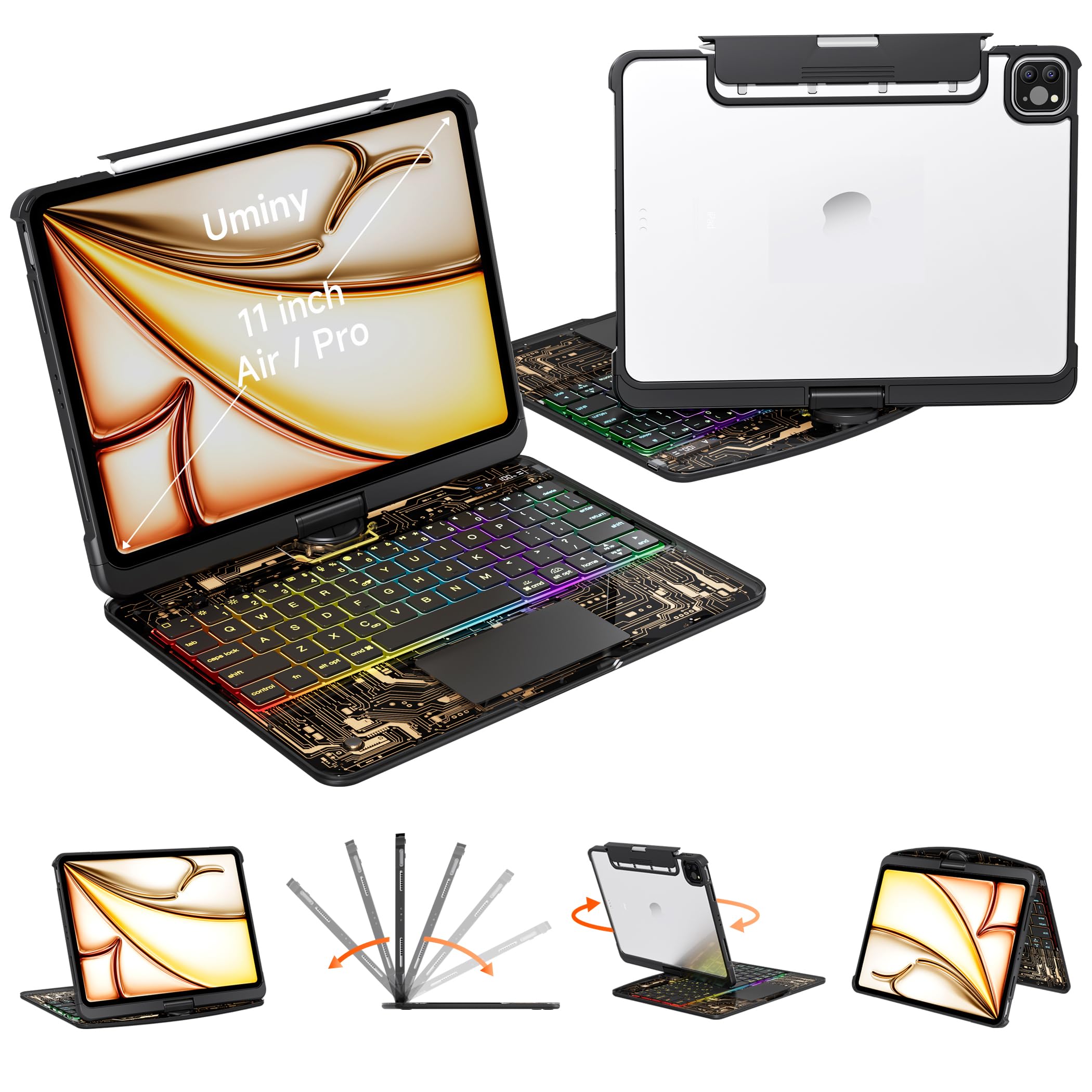 Uminy Transparent Keyboard Case for iPad Air 11 (M3 2025/M2 2024), Air 5th/4th Gen 10.9 & iPad Pro 11 (4th-1st) - Multi-Touch Tr