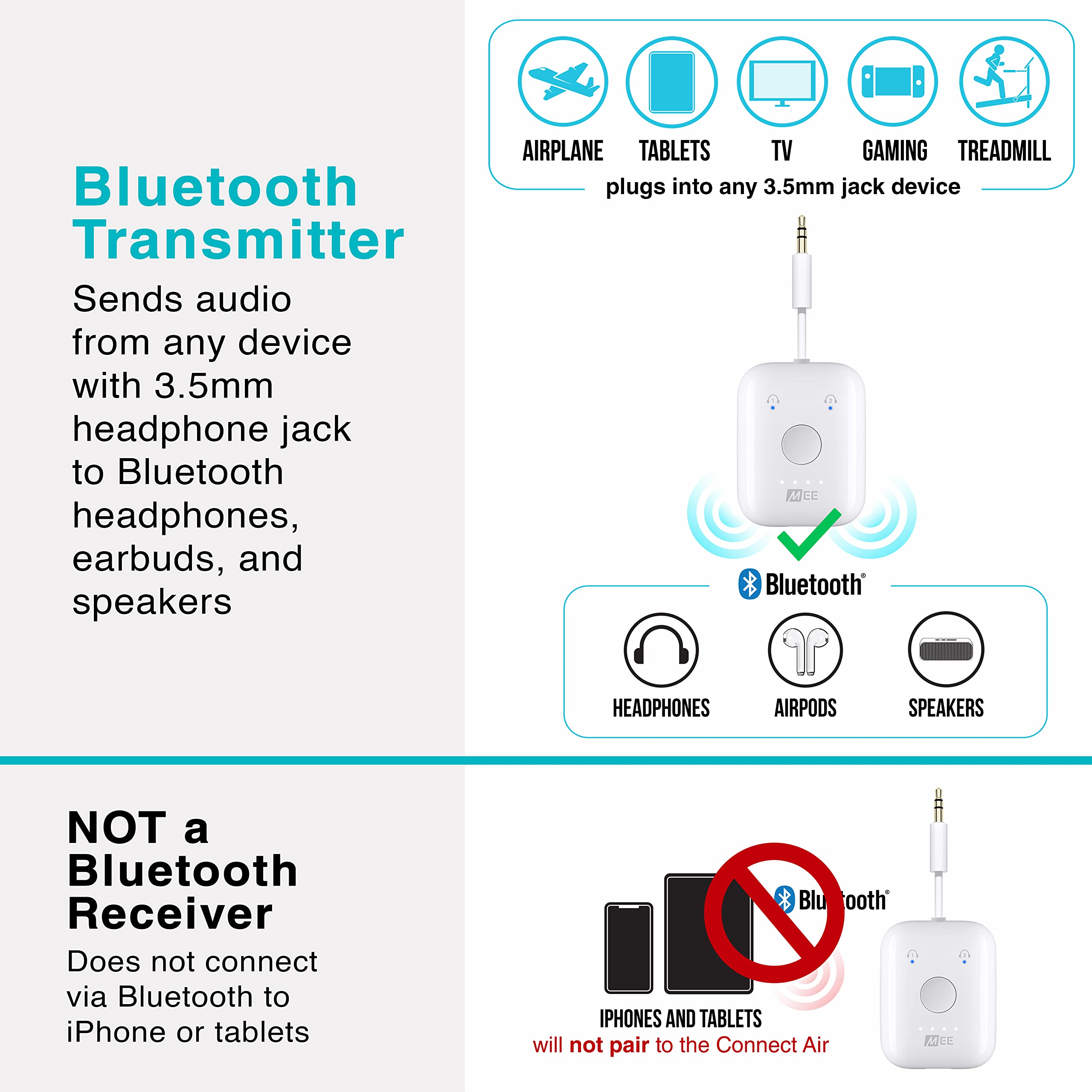 Mee Audio Connect Air In-Flight Bluetooth Wireless Audio Transmitter Adapter For Up To 2 Airpods / Other Headphones; Works With