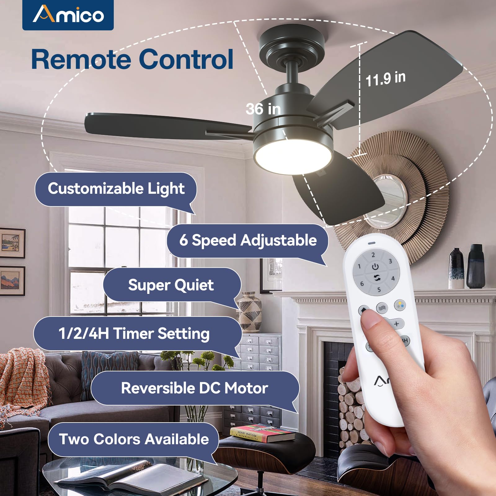 Amico Ceiling Fans With Lights, 36 Inch Black Ceiling Fan With Light And Remote Control, Reversible, 3Cct, Dimmable, Noiseless,