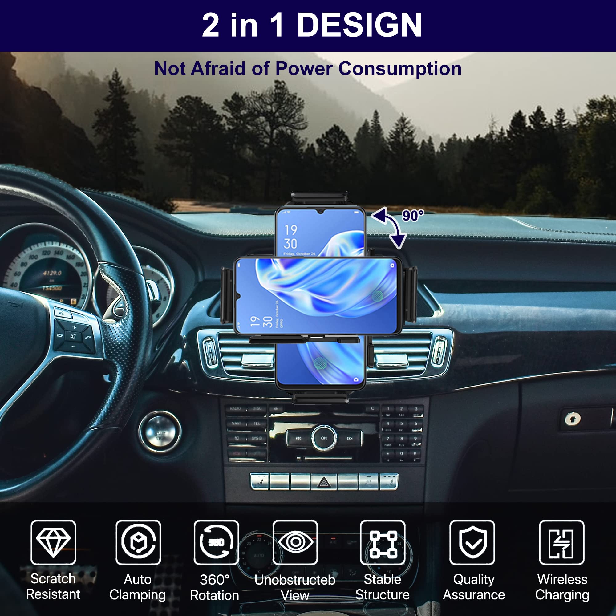 Ioifour 15W Qi Wireless Car Charger Auto-Rotating Dual Coils Fast Charging Vent/Dashboard Phone Mount Holder For Samsung Galaxy