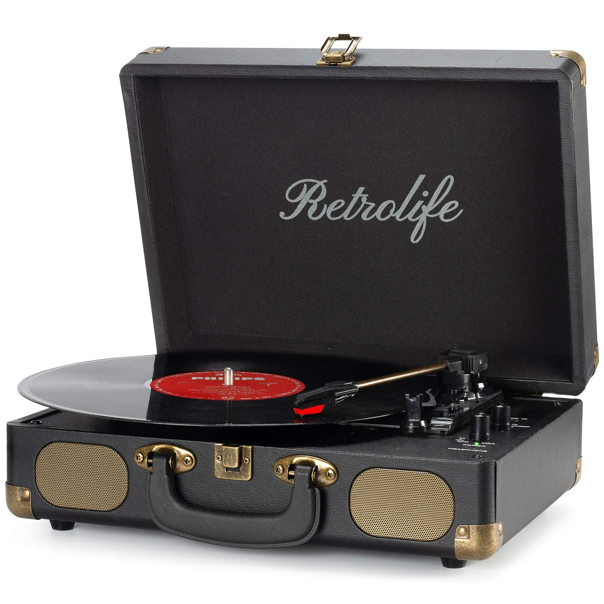 Vinyl Record Player 3-Speed Bluetooth Suitcase Portable Belt-Driven Record Player With Built-In Speakers Rca Line Out Aux In Hea