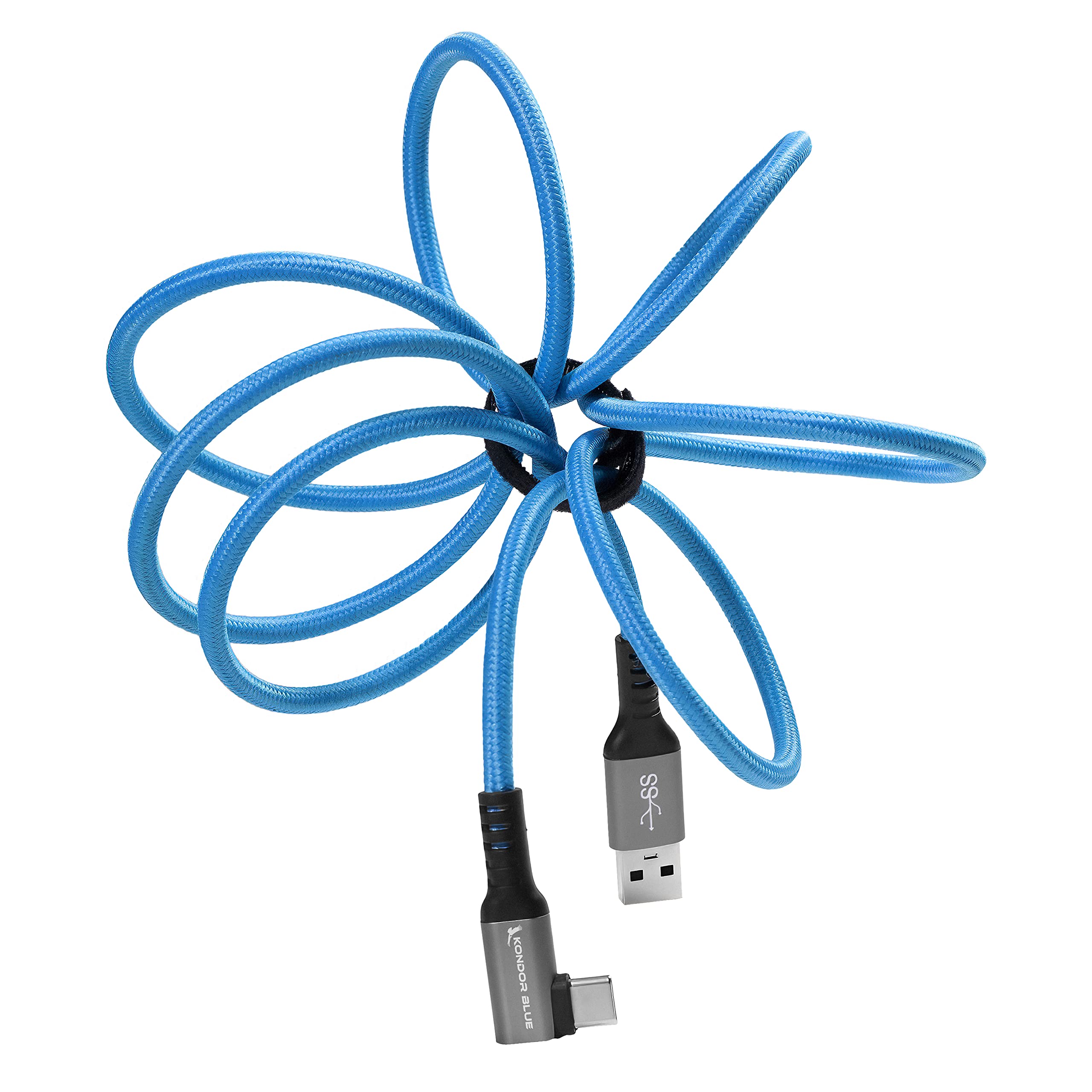 Kondor Blue 5' Straight Usb C To Usb A 3A 60W 5Gb/S | Right Angle Braided Cable For Data And Power Delivery