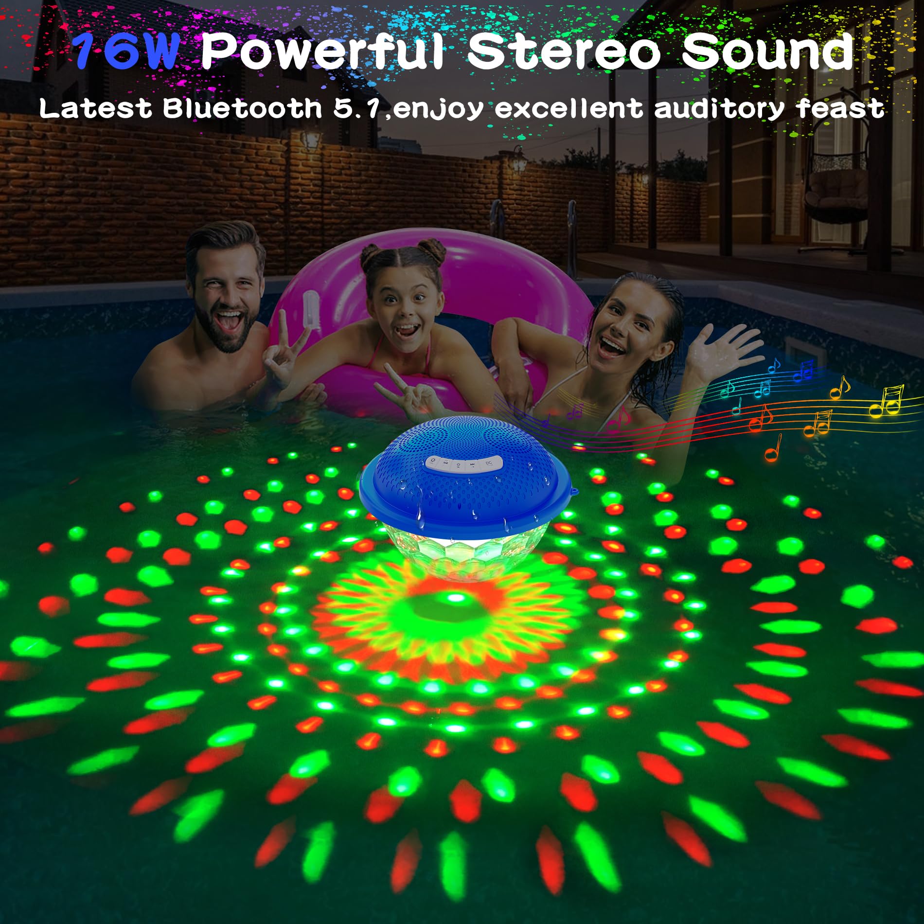 Kingsom Bluetooth Pool Speaker,Floating Pool Speaker With Colorful Lights,Hot Tub Speaker Ip68 Waterproof Pool Speaker,16W Loud Stereo Sound Bluetooth Speaker,Tws Pairing Floating Speaker For Pool