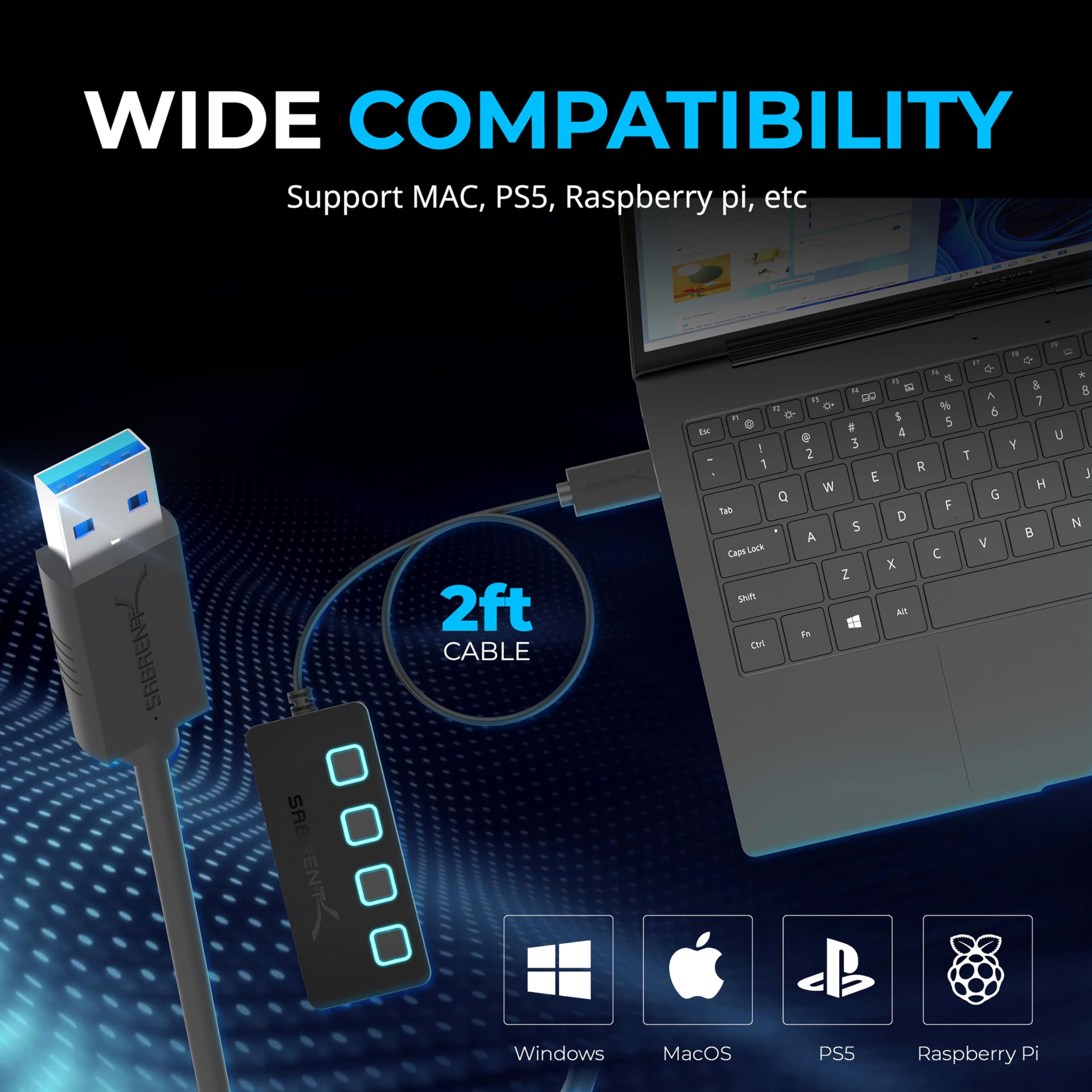 Sabrent 4 Port Usb 3.0 Hub With Individual Led Lit Power Switches, Includes 5V/2.5A Power Adapter (Hb Ump3)