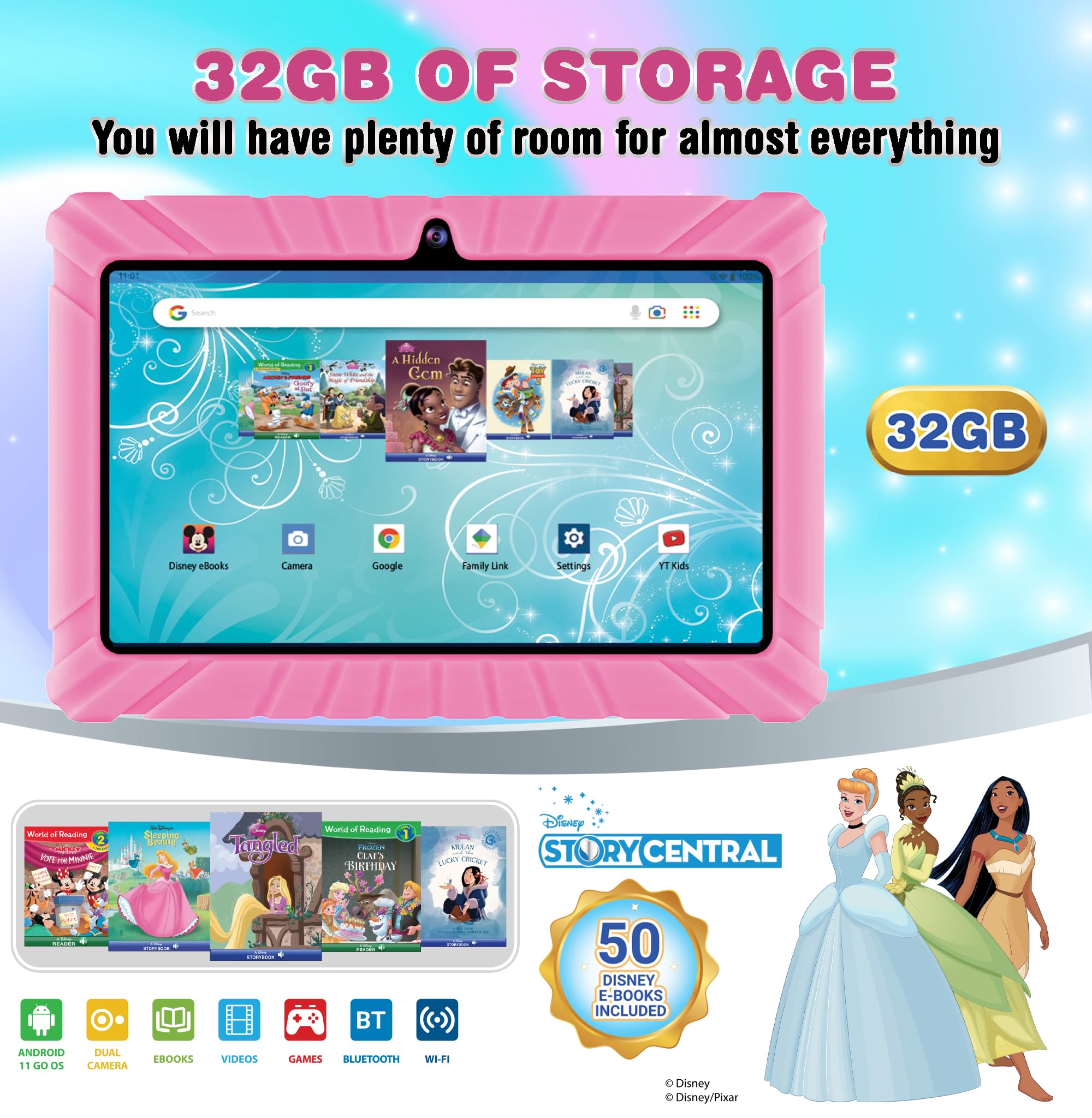Contixo 7'' Android Kids Tablet 32Gb, Includes 50+ Disney Storybooks & Stickers (Value $200), Kid Proof Case, (2024 Model)   Pin