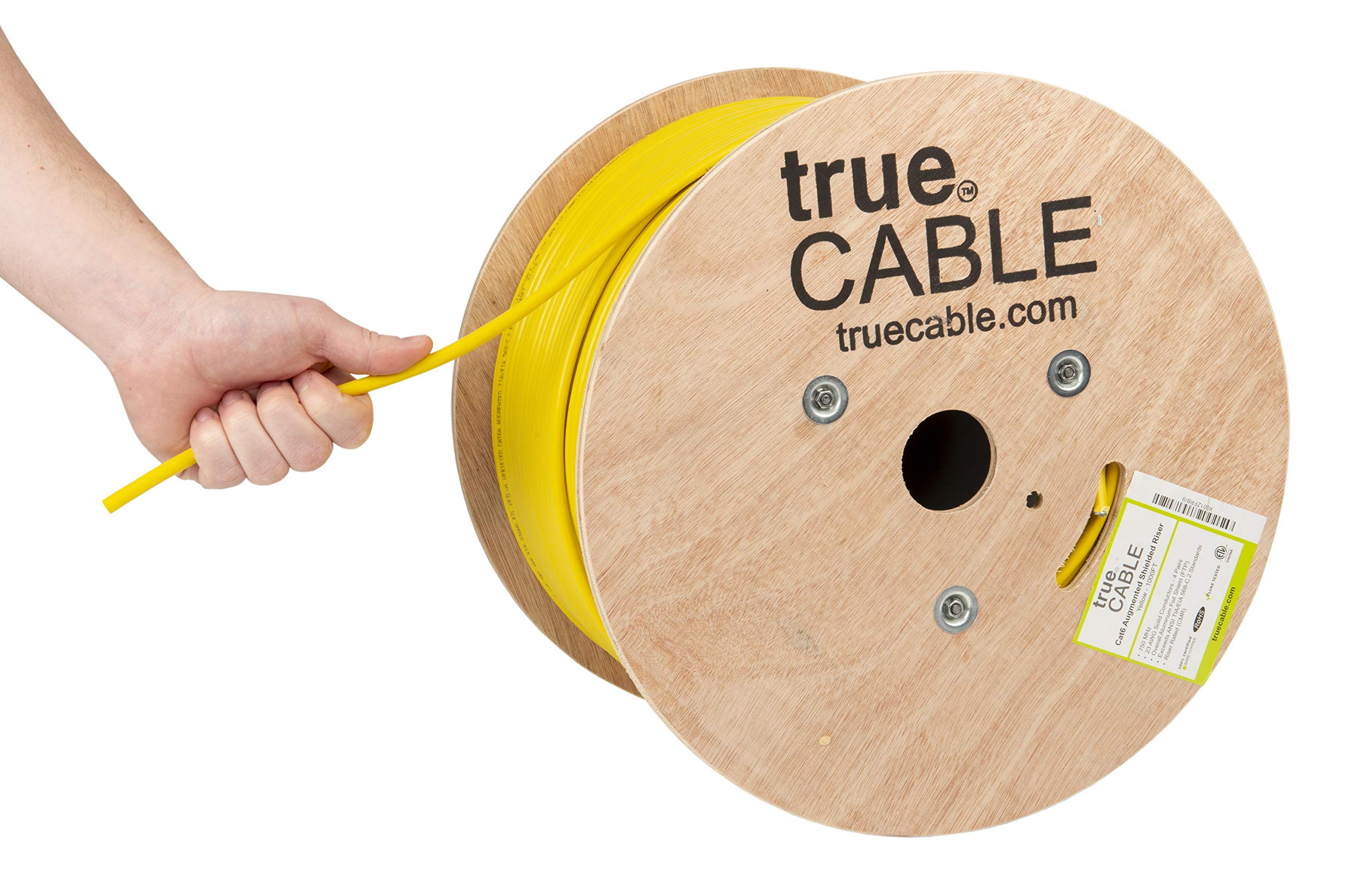 Truecable Cat6A Shielded Riser (Cmr), 1000Ft, Yellow, 23Awg Solid Bare Copper, 750Mhz, Poe++ (4Ppoe), Etl Listed, Overall Aluminum Foil Shield (F/Utp), Bulk Ethernet Cable