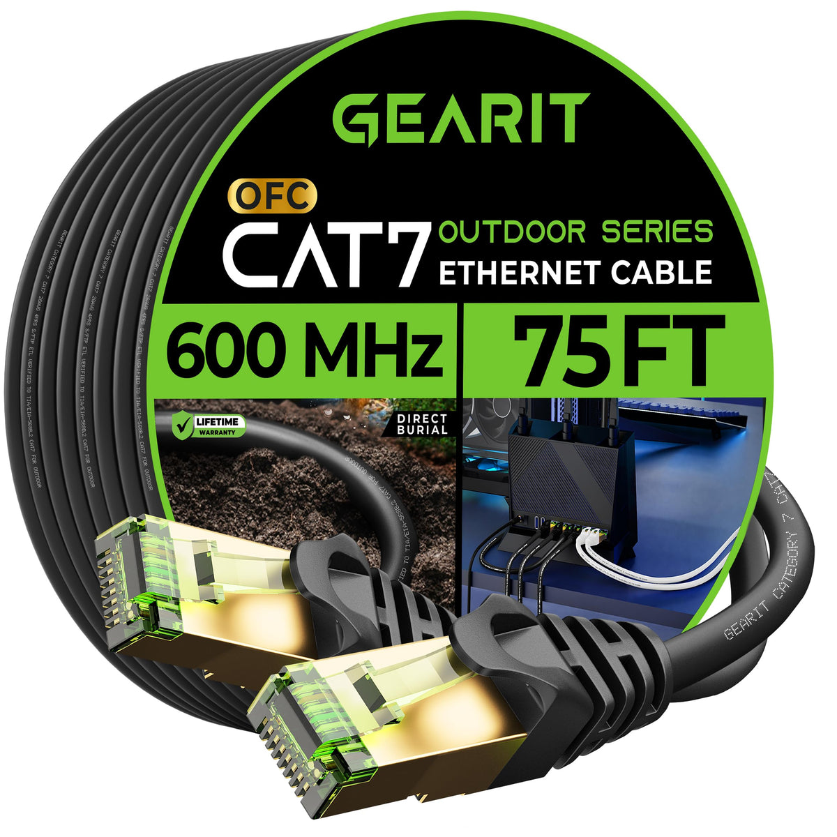 Gearit Cat7 Outdoor Ethernet Cable (75Ft) Sftp Shielded Foil Twisted Pair, Pure Copper, Lldpe, Waterproof, Direct Burial, In Gro