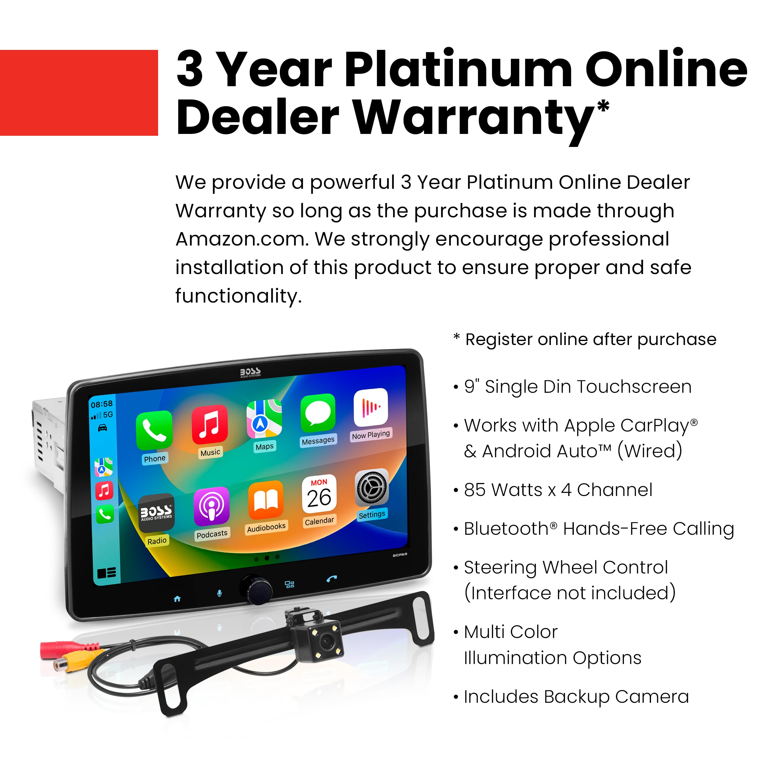 Boss Audio Systems Bcpa9Rc Car Stereo   Apple Carplay, Android Auto, 9 Inch Single Din, No Dvd/Cd Player, Touchscreen, Bluetooth