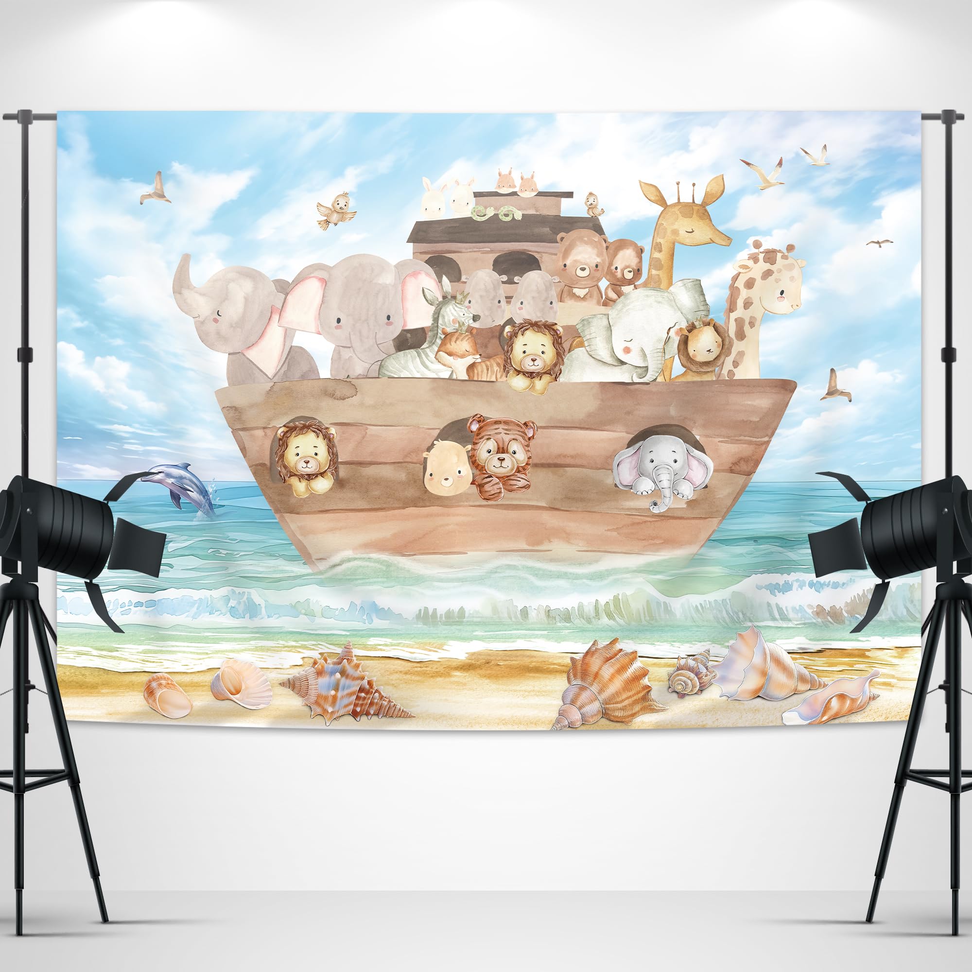 Glawry Noah'S Ark Baby Shower Backdrop 7Wx5H Feet Cute Cartoon Ocean Beach Woodland Safari Animal Wood Ocean Summer Newborn Part