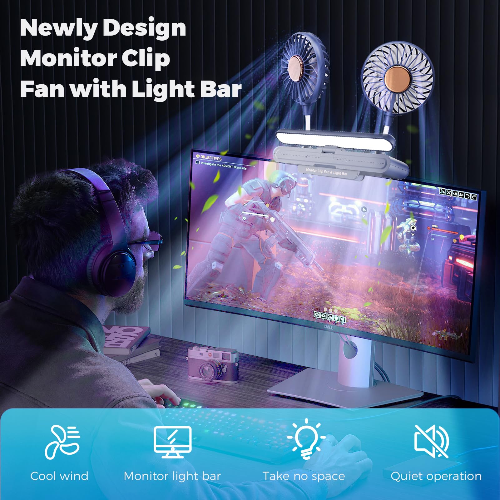 Monitor Light Bar With Fan, Two Head Personal Cooling Fan Monitor Clip Quiet Usb Fan Flip Open Led Lamp, Level 3 Brightness, 3 W