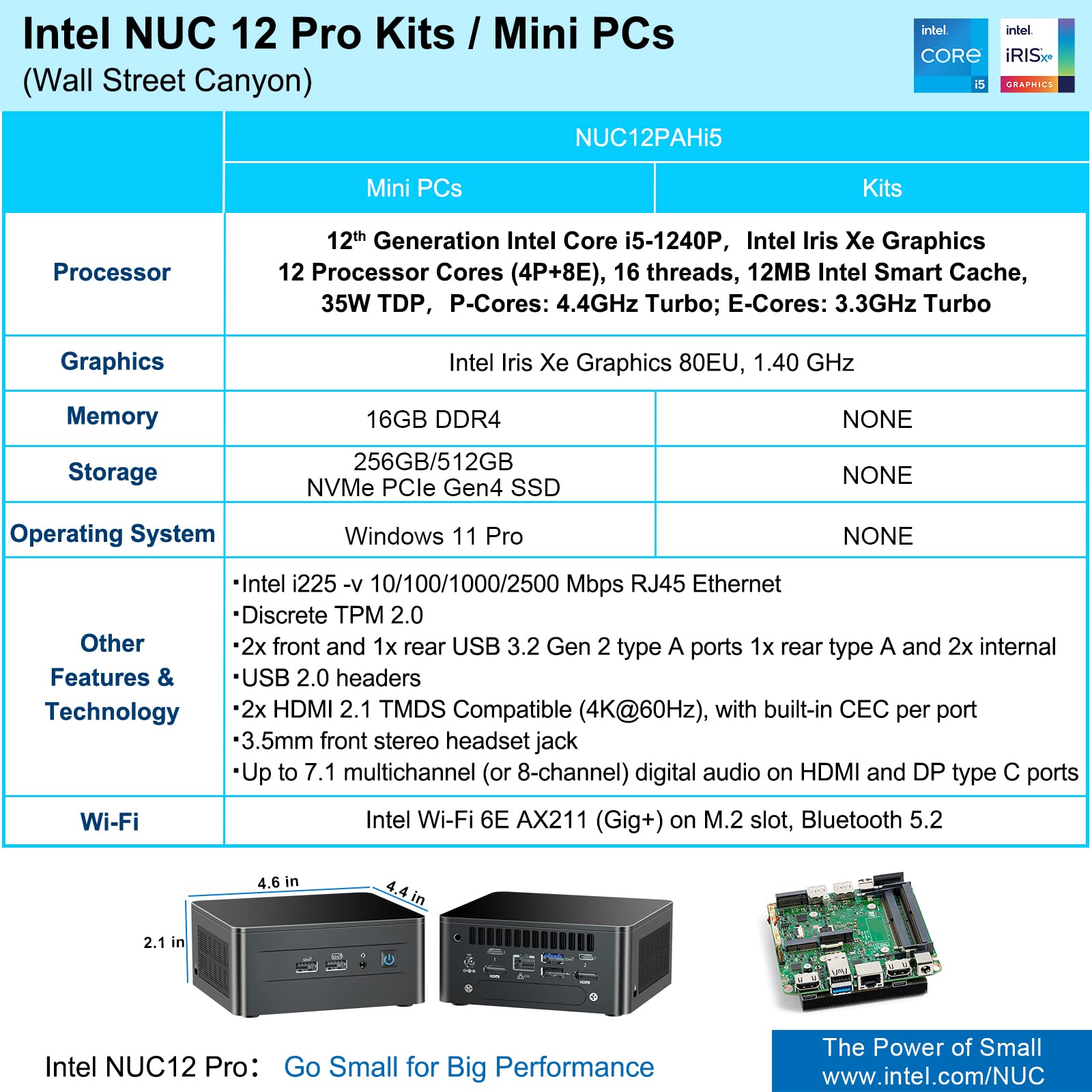 Intel Nuc 12 Pro Wall Street Canyon Nuc12Wshi5 Mini Pc, 12Th Gen Intel Core I5 1240P, 12 Cores, 12Mb Intel Smart Cache, Upto 4.4