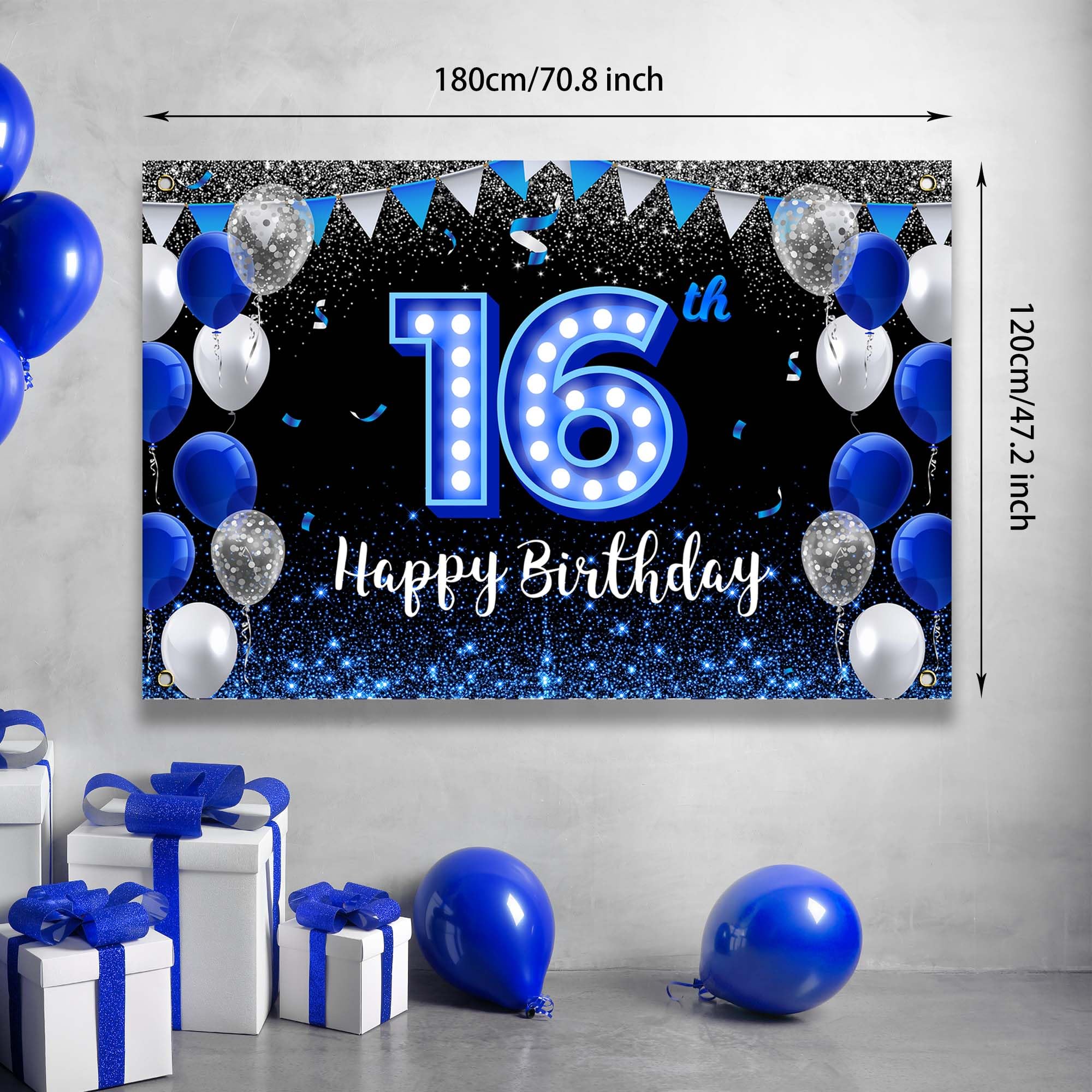 Happy 16Th Birthday Backdrop Banner Blue Black Theme Background With Blue Neon Light Shiny Fashion Birthday Party Photo Photogra