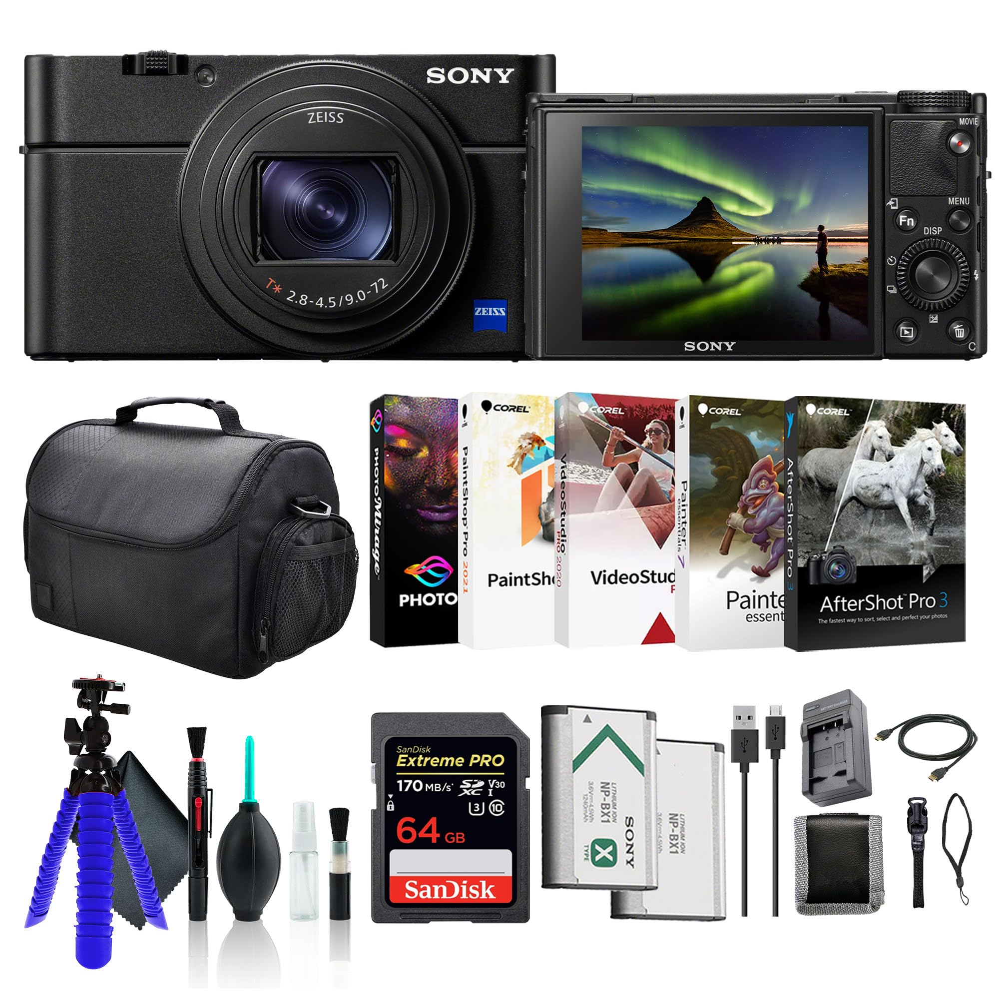 Sony Cyber-Shot DSC-RX100 VII Digital Camera DSC-RX100M7, 64GB Memory Card, Case, NP-BX1 Battery, Card Reader, Corel Photo Softw