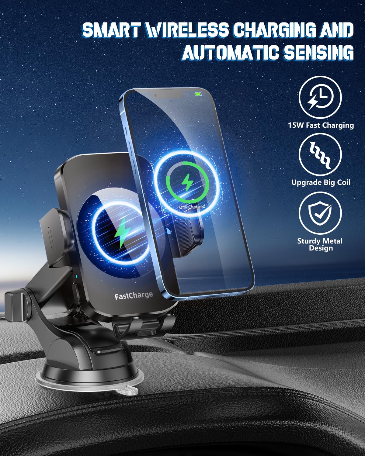 Wireless Car Charger, Fast Charging Phone Holder 3 In 1 Phone Mount Auto Clamping Car Accessories Compatible With Iphone 17 16 1