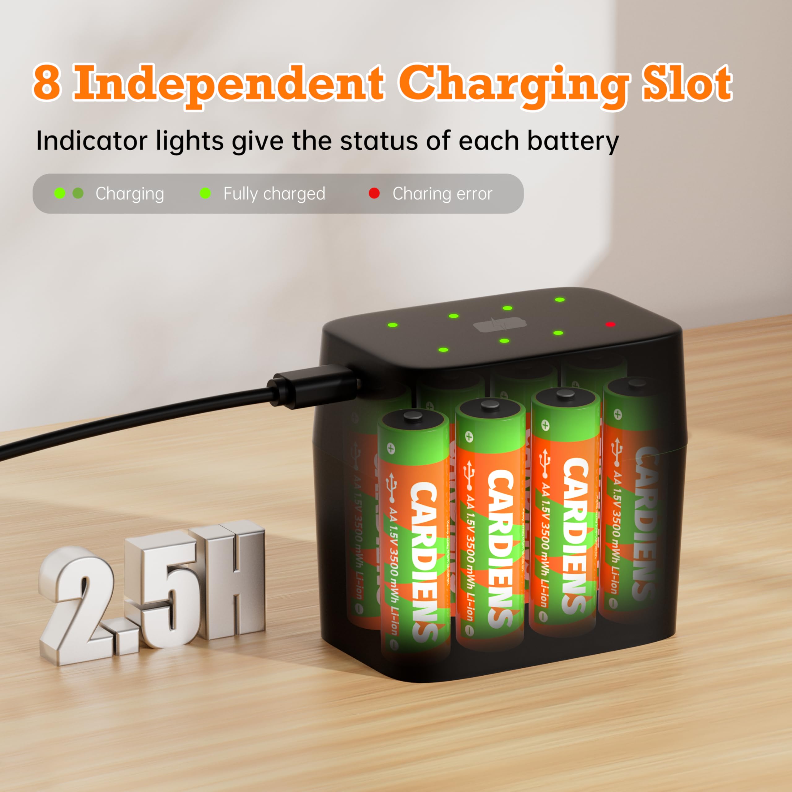 Cardiens Rechargeable Aa Batteries With Fast Charger 1.5V, Triple A Lithium Batteries 3500 Mwh High Capacity Aa Lithium Batterie