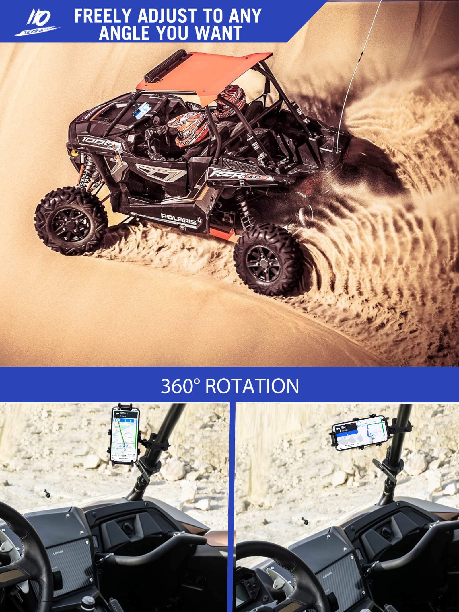 Zidiyoruo Utv Phone Mount For 1.75''-2'' Roll Bar, 360Rotation Utv Phone Holder With 8 Claws, Aluminum Alloy Heavy Duty Smartpho