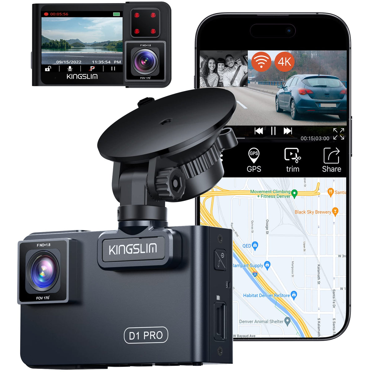 Kingslim D1 Pro Dual Dash Cam 4K Record Inside - Front And Inside Dash Camera Gps Wifi For Cars Uber Truck, Dashcam With Infrare