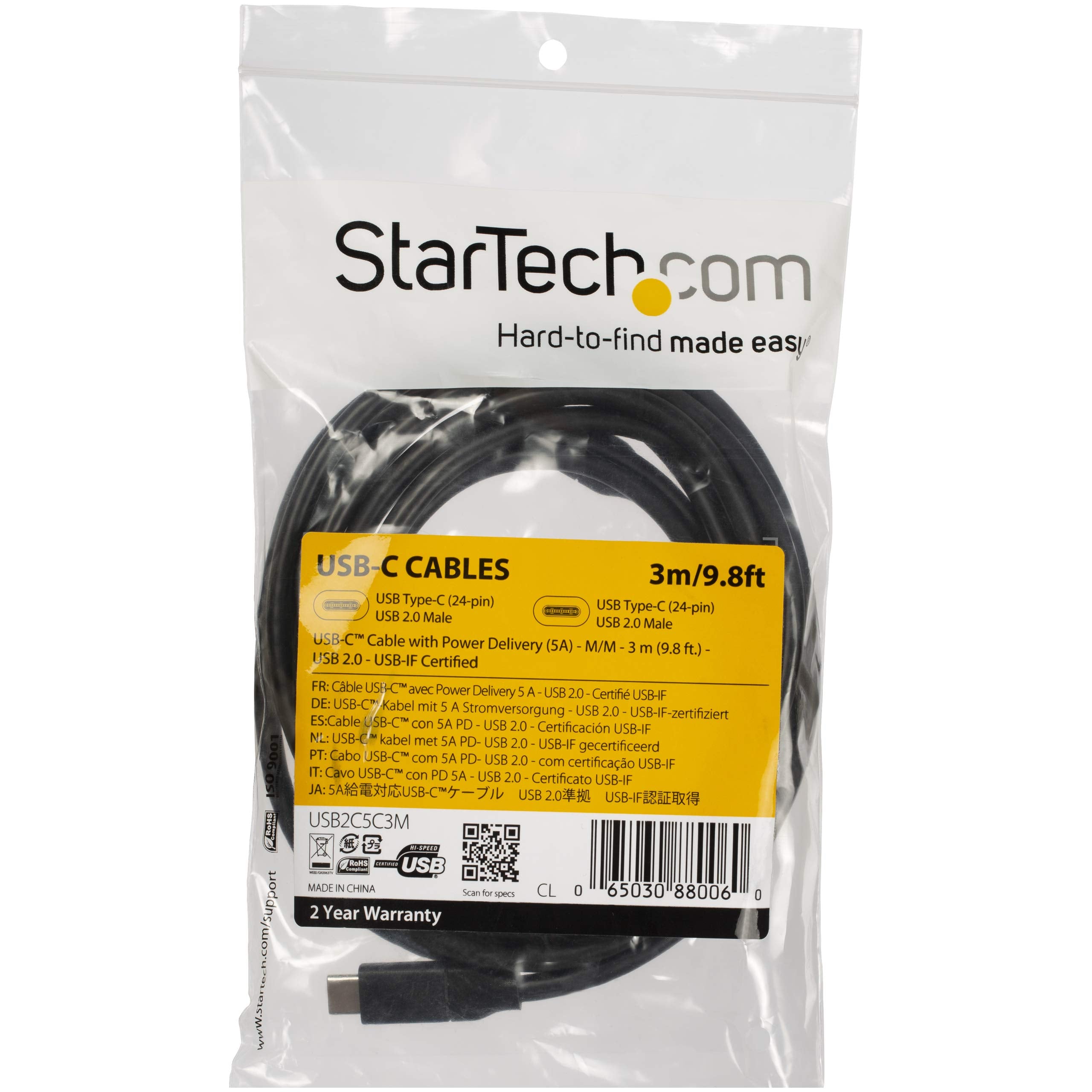 StarTech.com USB C To USB C Cable   10 ft / 3m   USB IF Certified   5A PD   USB 2.0   USB Type C Charging Cable   USB C Fast Charge Cable (USB2C5C3M)