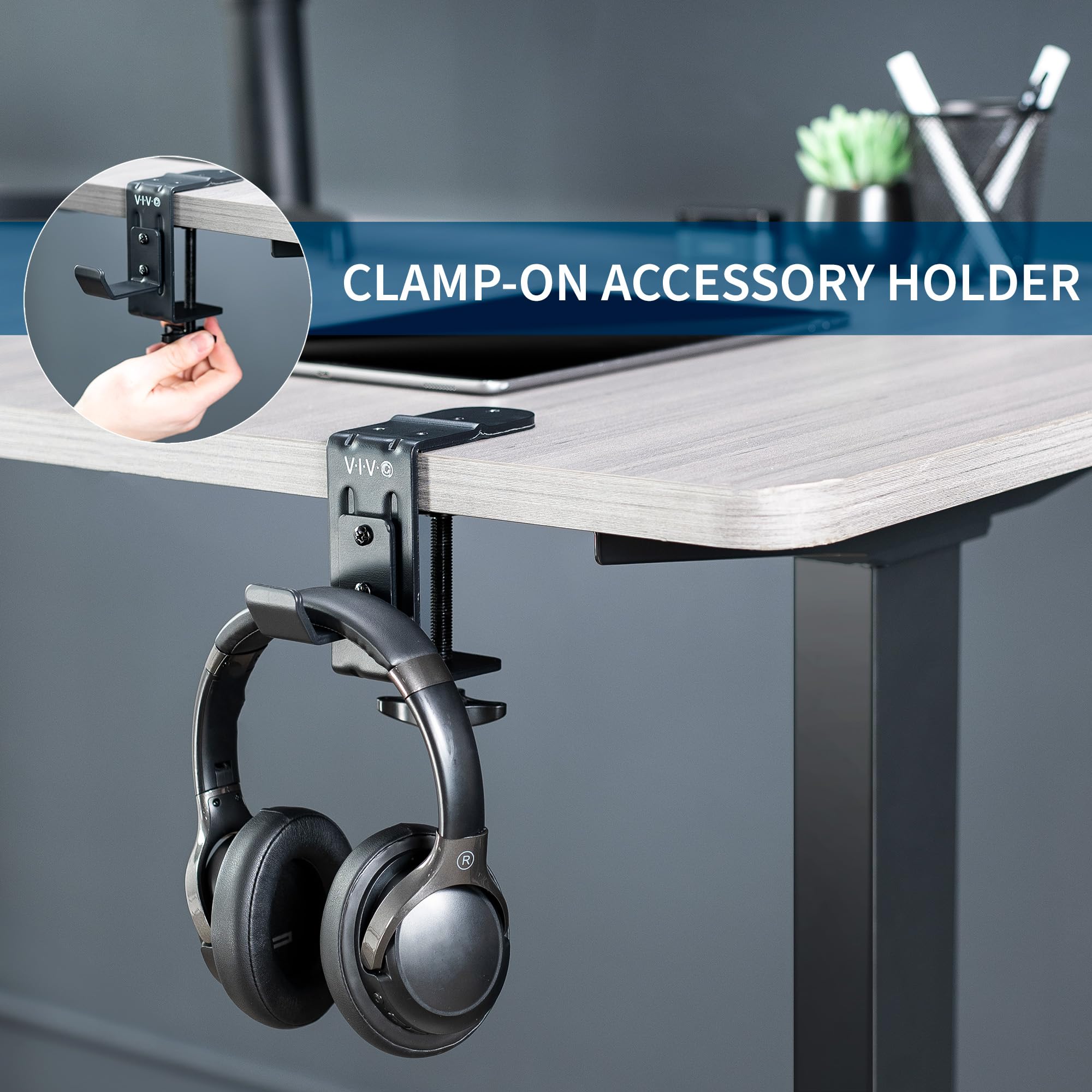 Vivo Steel Clamp On Hook For Desktop And Desk Leg Mounting, Clip Holder For Office Accessories, Bags, Headphones, And More, Blac
