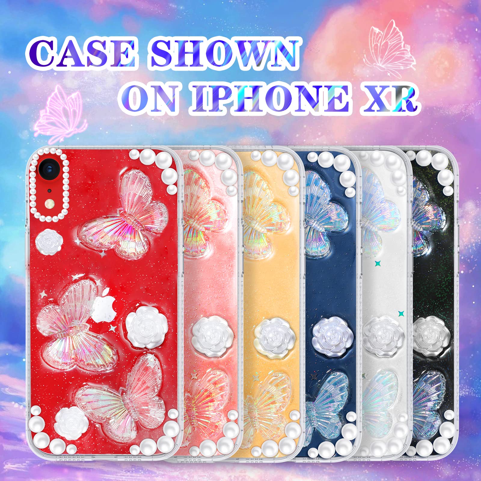 Goocrux (3In1 Case For Apple Iphone Xr Butterfly Glitter Handmade Sequin Sparkle Pretty For Women Girls Clear Design Crystal Pea