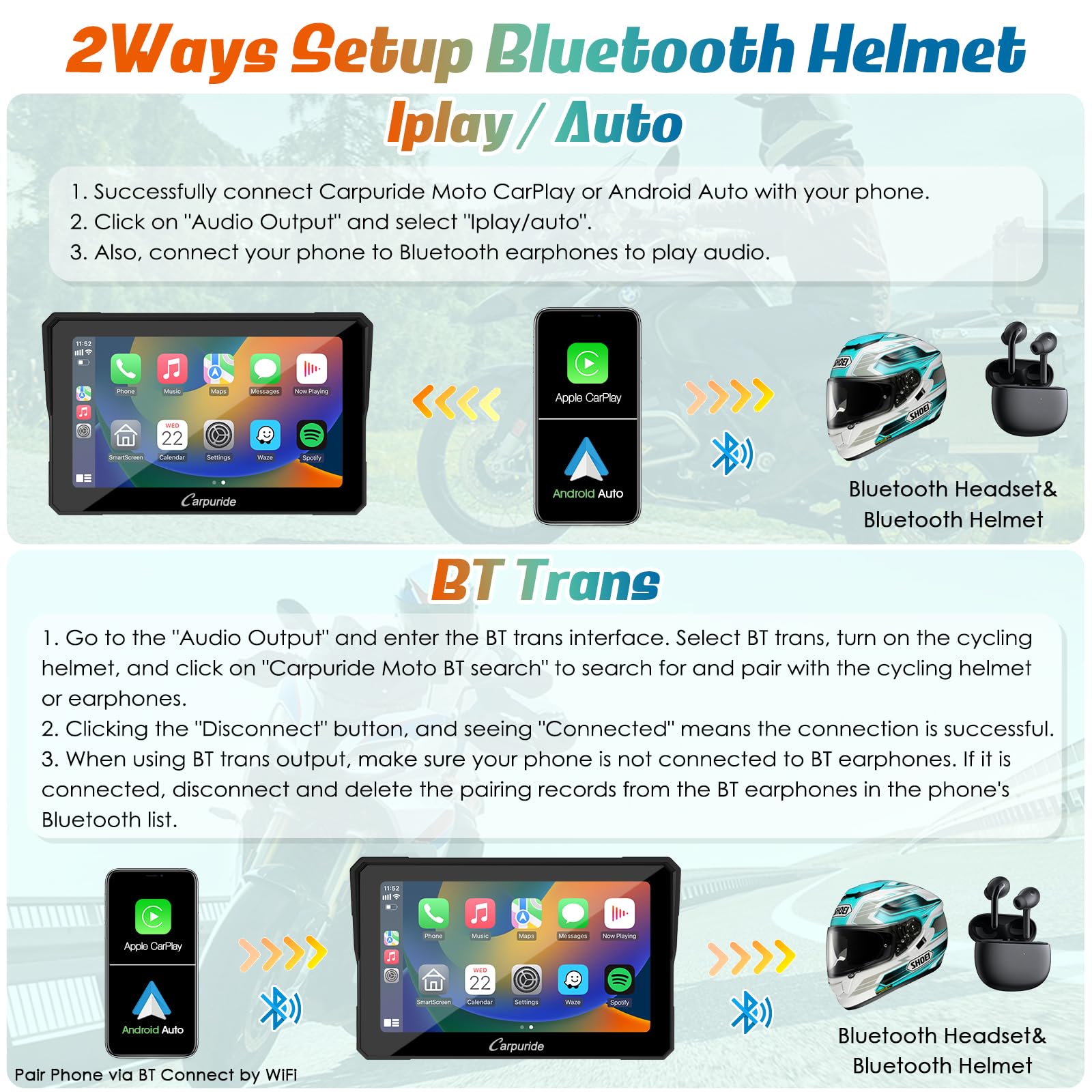 Carpuride W702B Motorcycle Carplay Screen For Bmw R1200Gs R1250Gs S1000Xr Motorcycle, 7 Inch Waterproof Touchscreen, Portable Carplay/Android Auto Gps Navigation For Motorbike, Dual Bluetooth