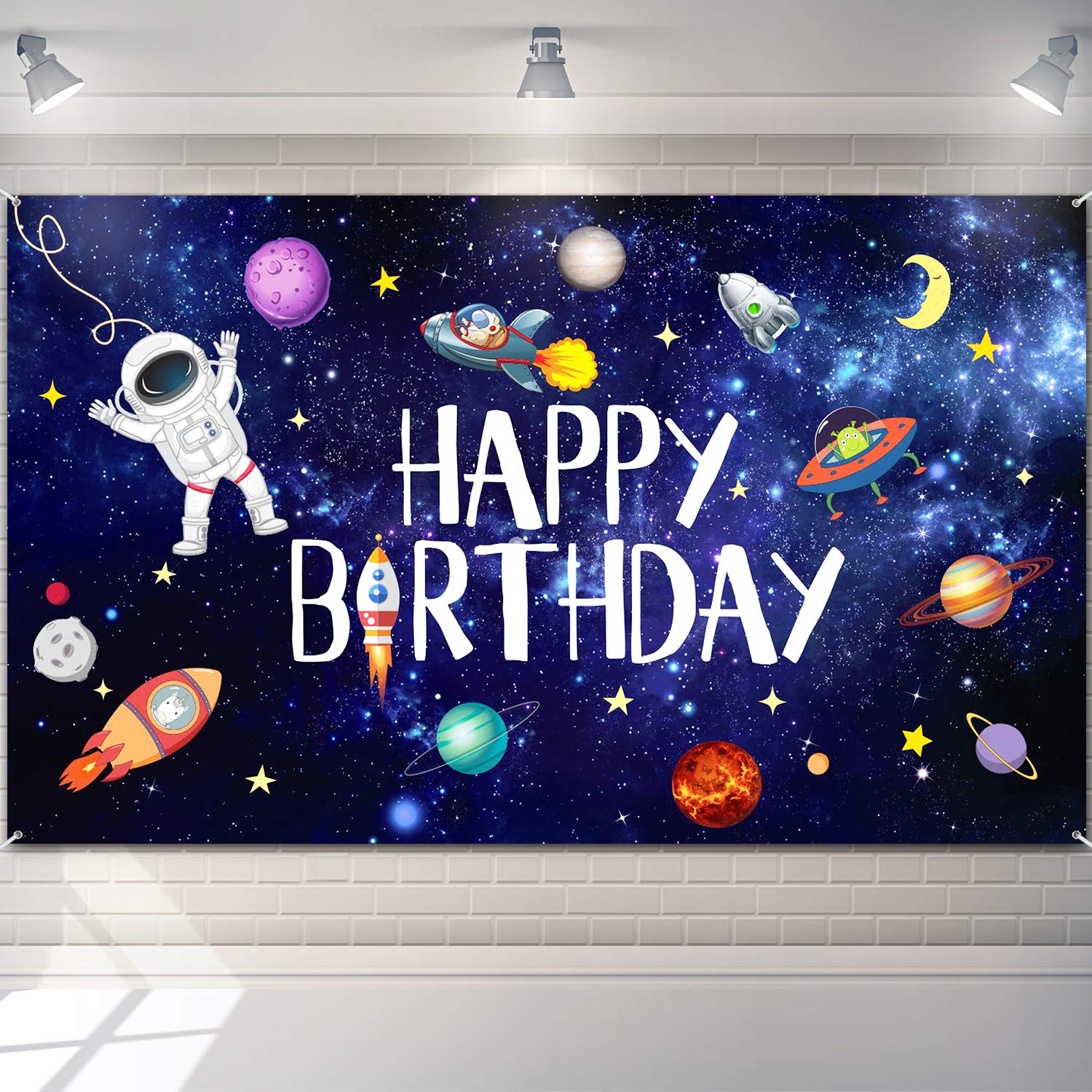 Boao Space Happy Birthday Photography Background Astronaut Rocket Backdrop Banner for Childrens Birthday Galaxy Planet Party Ph