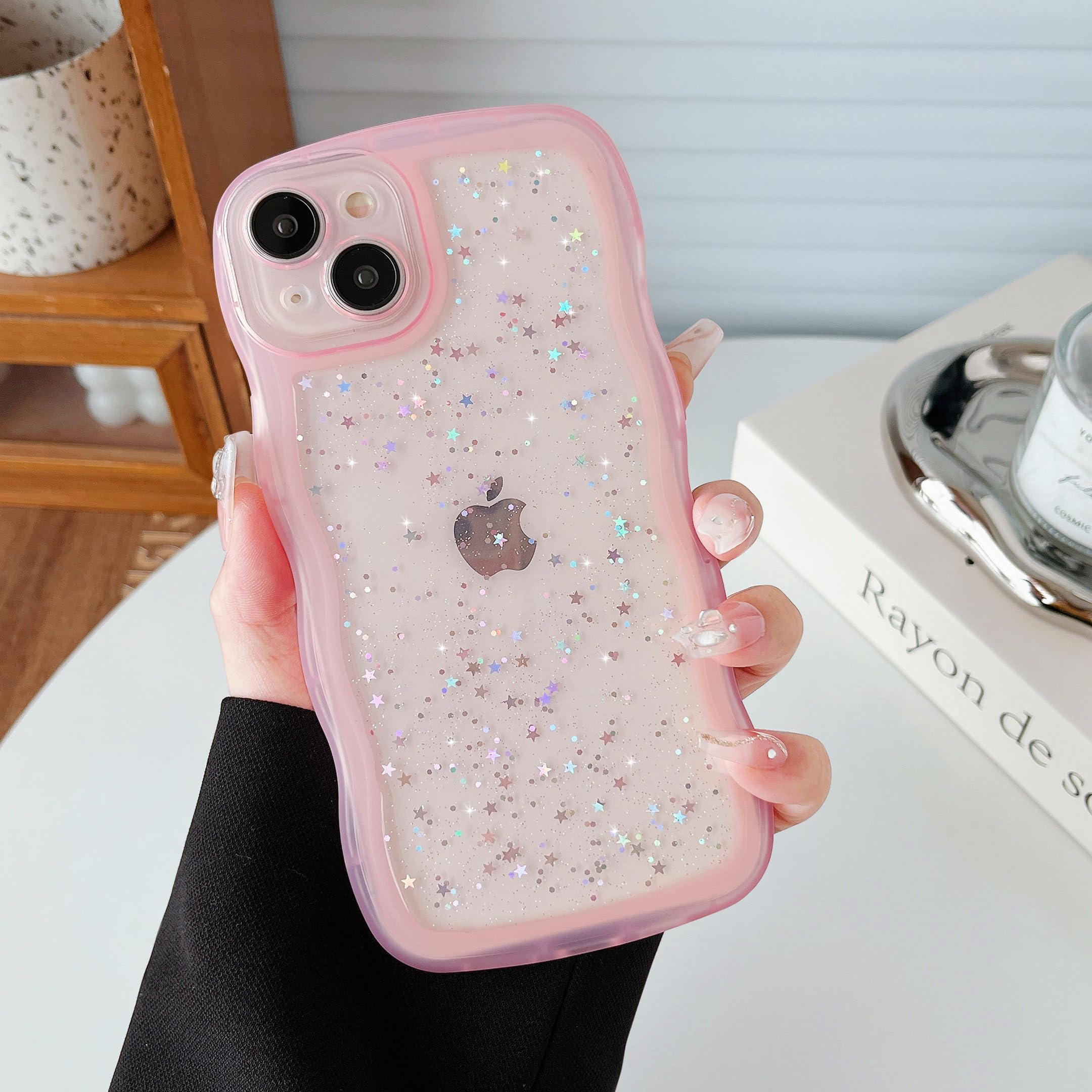 Qokey For Iphone 14 Plus Case 6.7'' Curly Wave Edge Design Transparent Bling Glitter Star Shiny Case Cute Clear Transparent Full