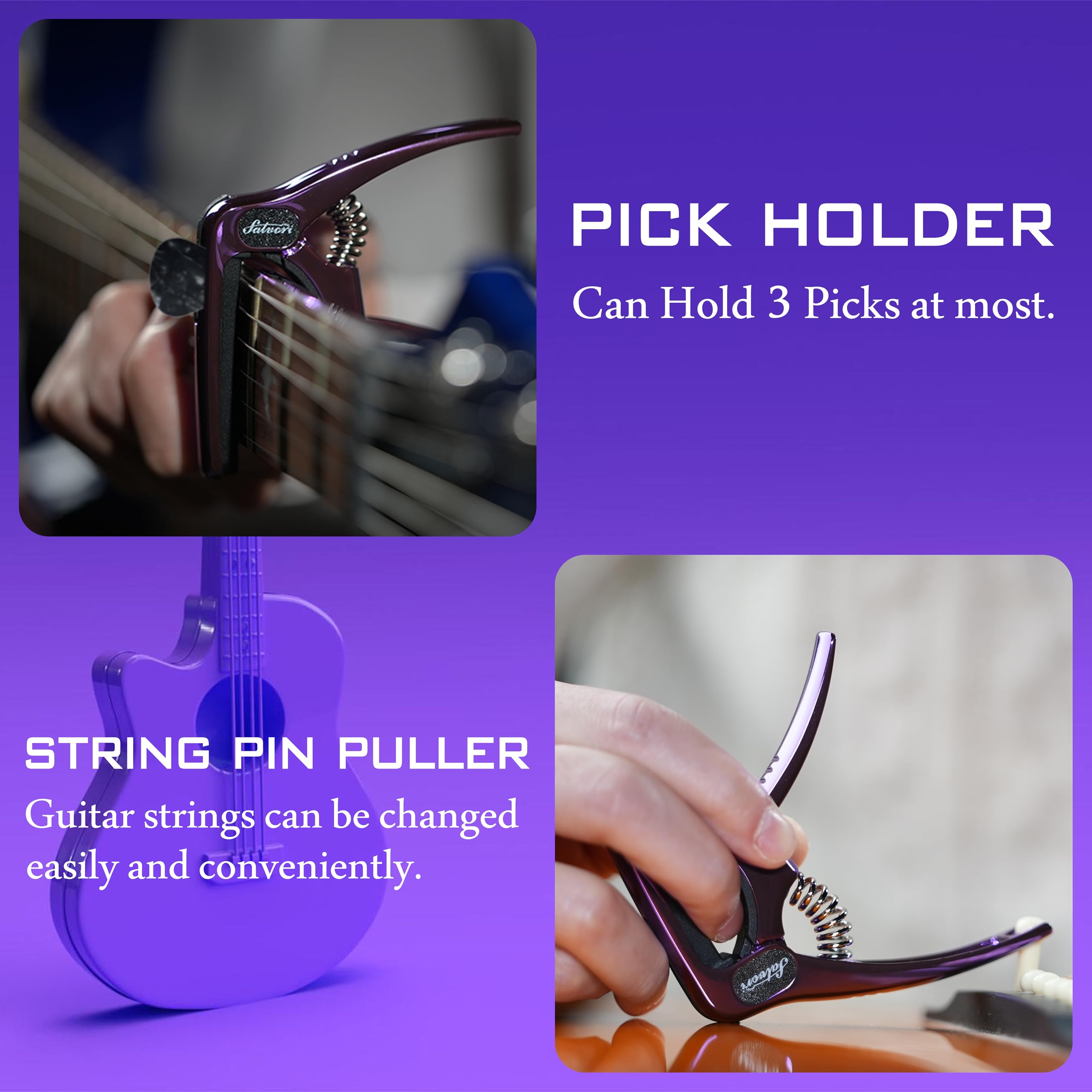 Salvori Exclusive Gradient Royal Silk Purple Heavy Duty Guitar Capo For Acoustic/Electric Guitar With 4 Picks, Guitar Clip/Guita