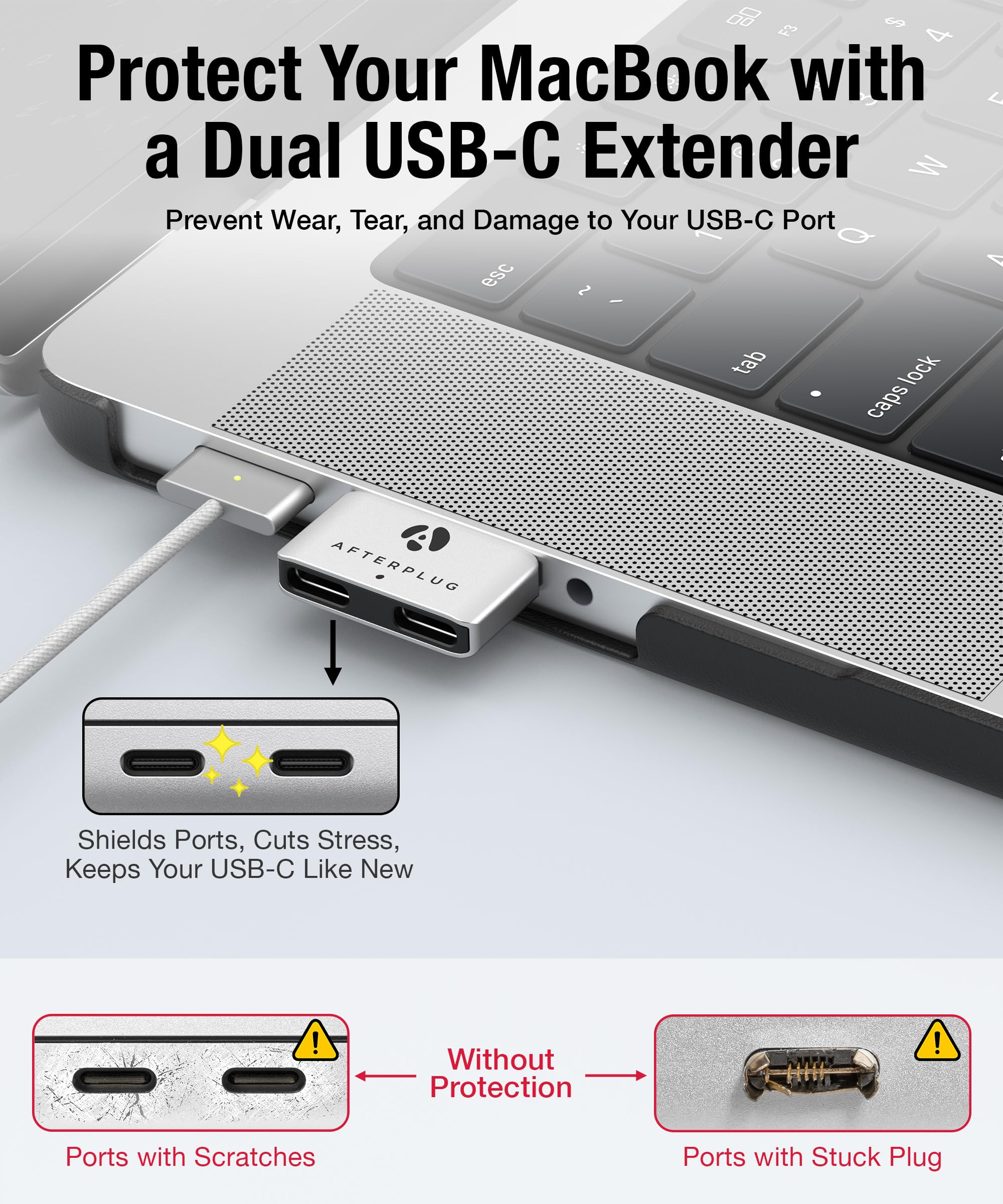 Afterplug Dual Usb-C Extender For Macbook With Case, 2-Port Pass-Through Adapter For Thunderbolt 5/4/3 & Usb4 - 240W Pd, 8K Vide