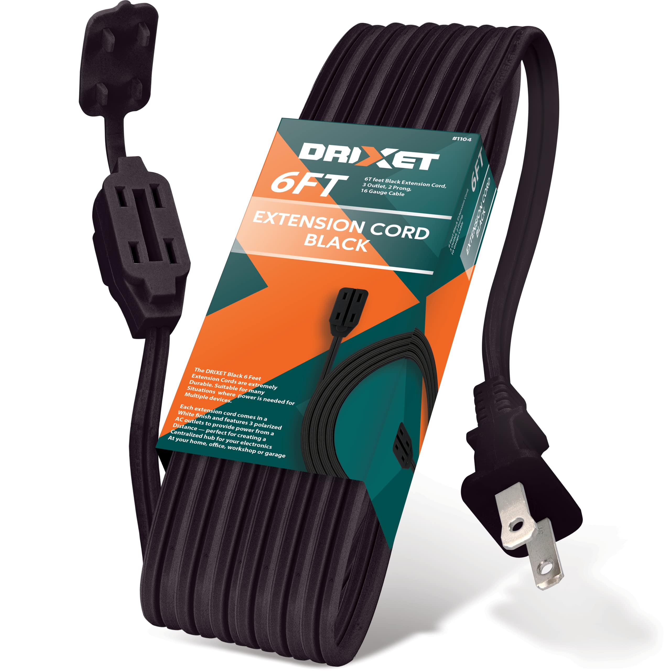 [Ul Listed] 6 Feet Black Extension Cord, 3 Outlet, 2 Prong, 16 Gauge Cable, 3 Receptacle Cube Tap, Indoor Use   By Revpex