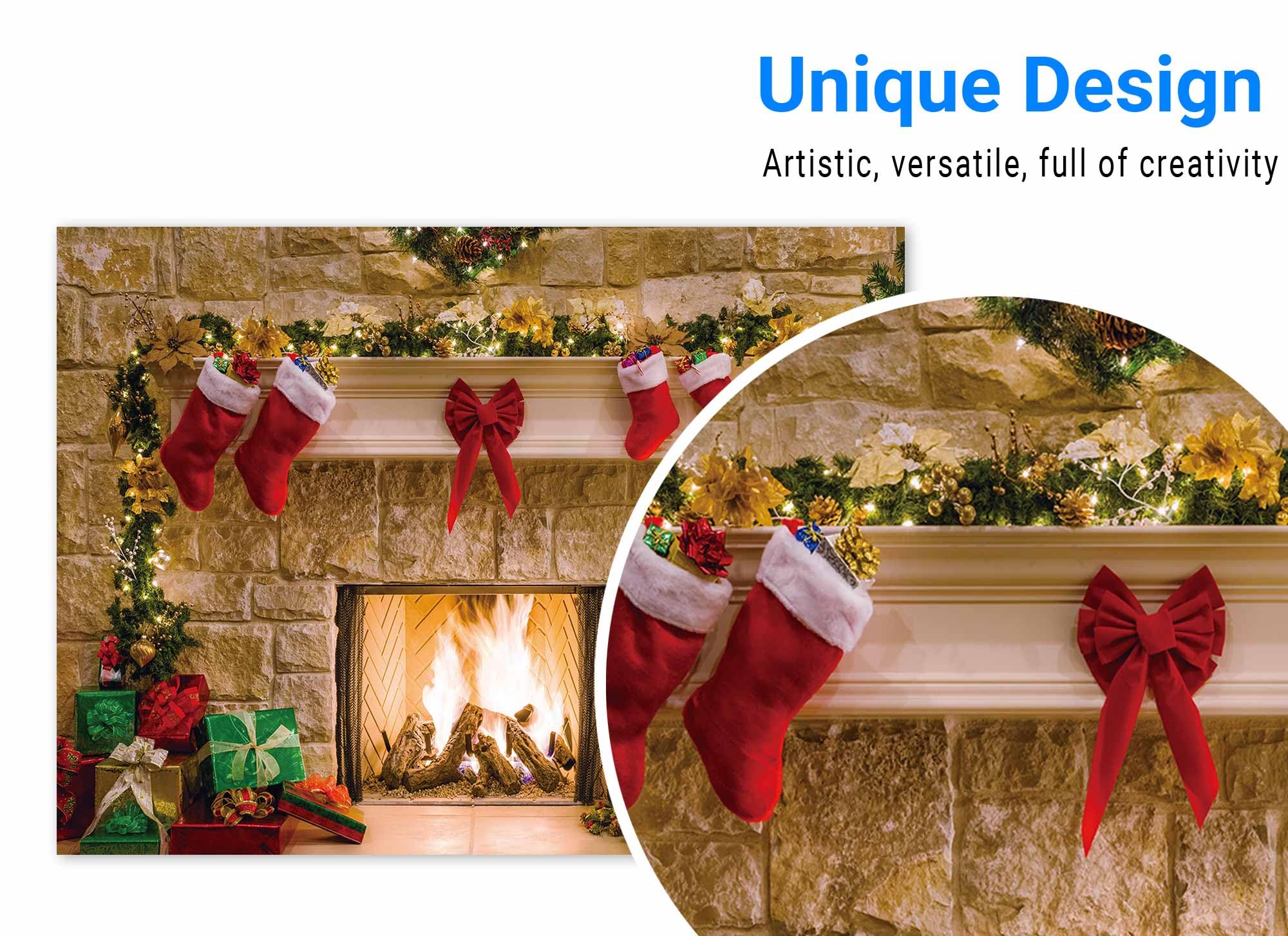 Funnytree 8X6Ft Christmas Fireplace Backdrop Interior Vintage Xmas Tree Stockings Photography Background Portrait Photobooth Par