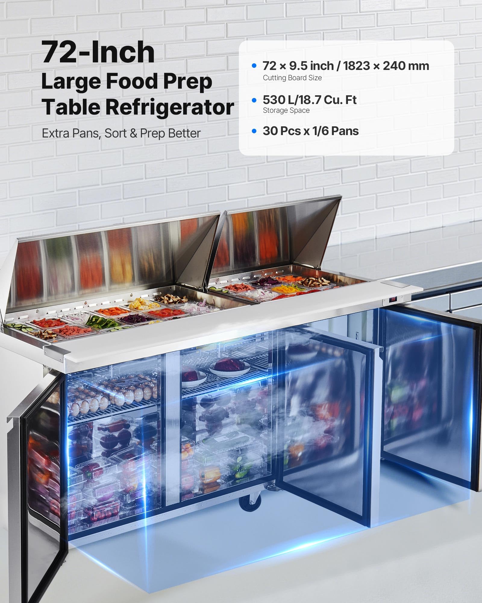 Vevor 72W Commercial Refrigerator, 18.7 Cu. Ft Sandwich Prep Refrigerated Table, Mega Top Food Prep Fridge With 30 Pans And Cutt