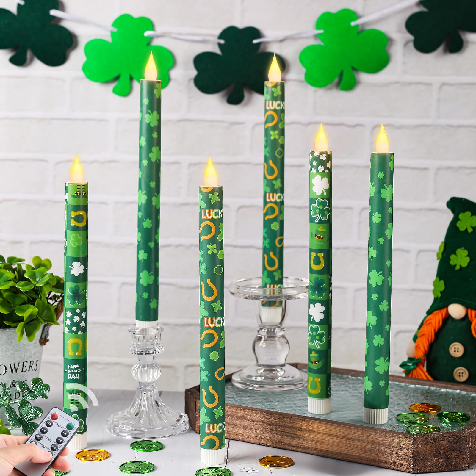 LCZLUMIPRO 6Pcs St. Patrick s Day Flameless Taper Candles, 10.63 Green Battery Operated LED Shamrock Candles with Lucky Charms,