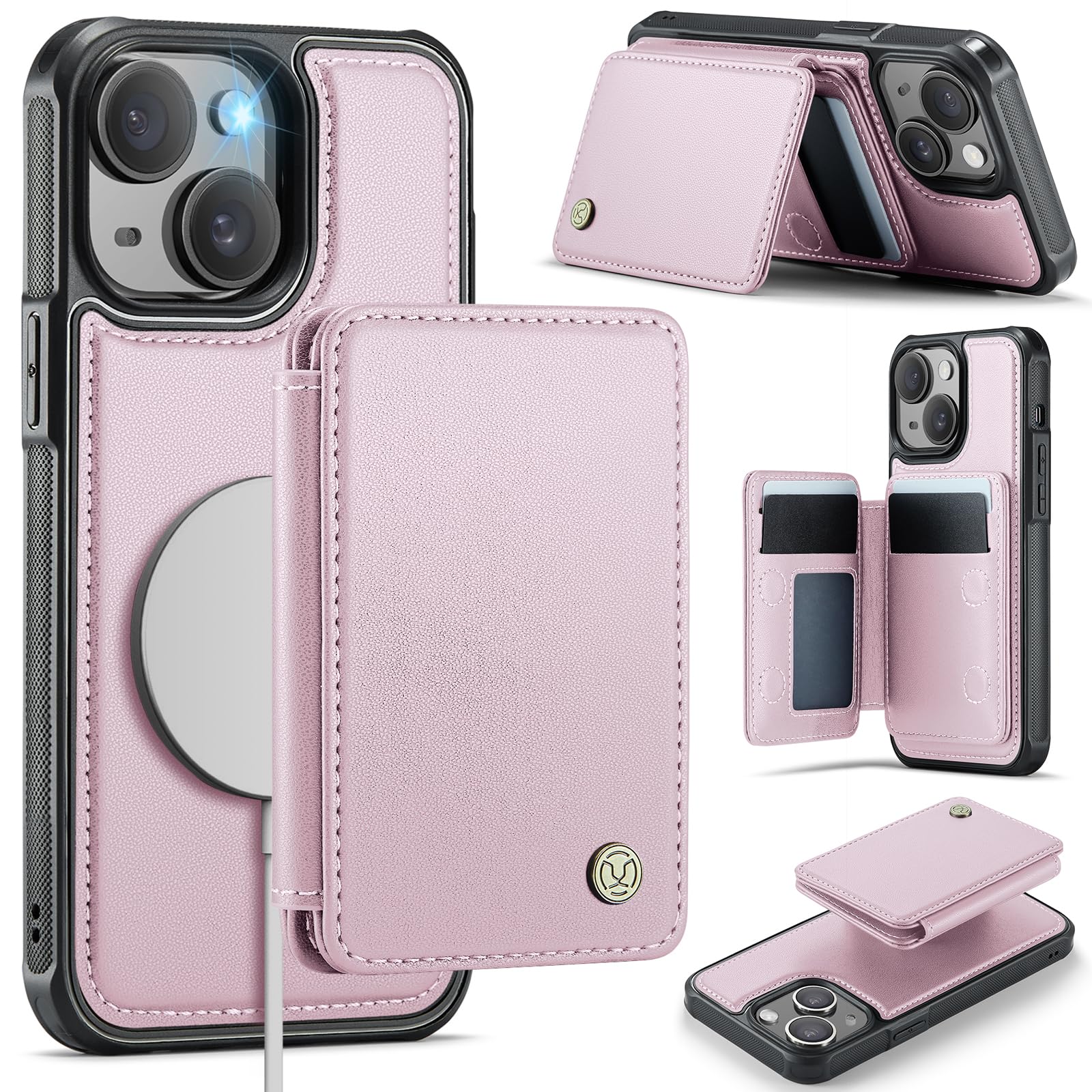Usroom Compatible with Magsafe for iPhone 14 Plus Wallet Case Magnetic Card Holder, RFID Blocking 2 in 1 Detachable Kickstand Sh
