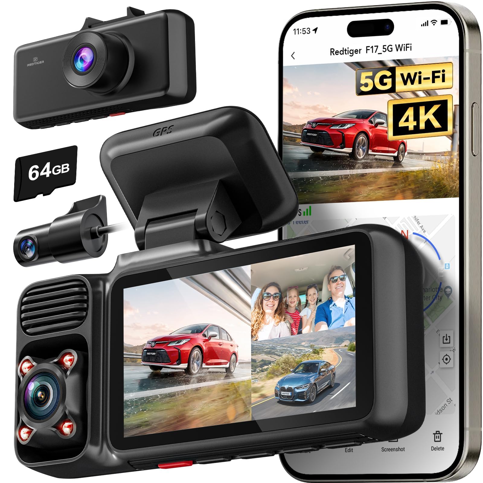 Redtiger 4K 3 Channel Dash Cam 5G Wifi Built In Gps With 64Gb Card, 2160P+1080P+1080P Front And Rear Inside Loop Recording, Trip