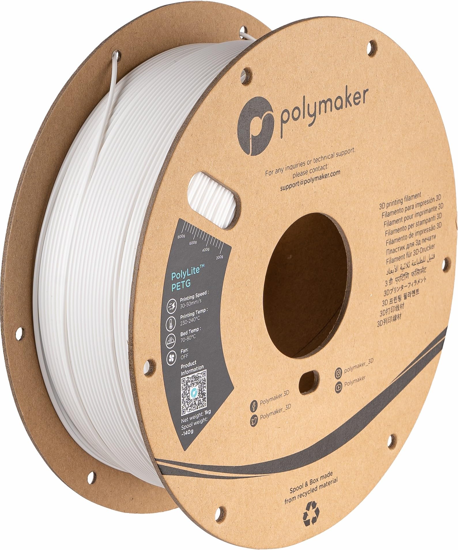 Polymaker PETG Filament 1.75mm 1kg White 3D Printer Filament, PolyLite PETG 3D Printing Filament 1.75mm, Dimensional Accuracy +/