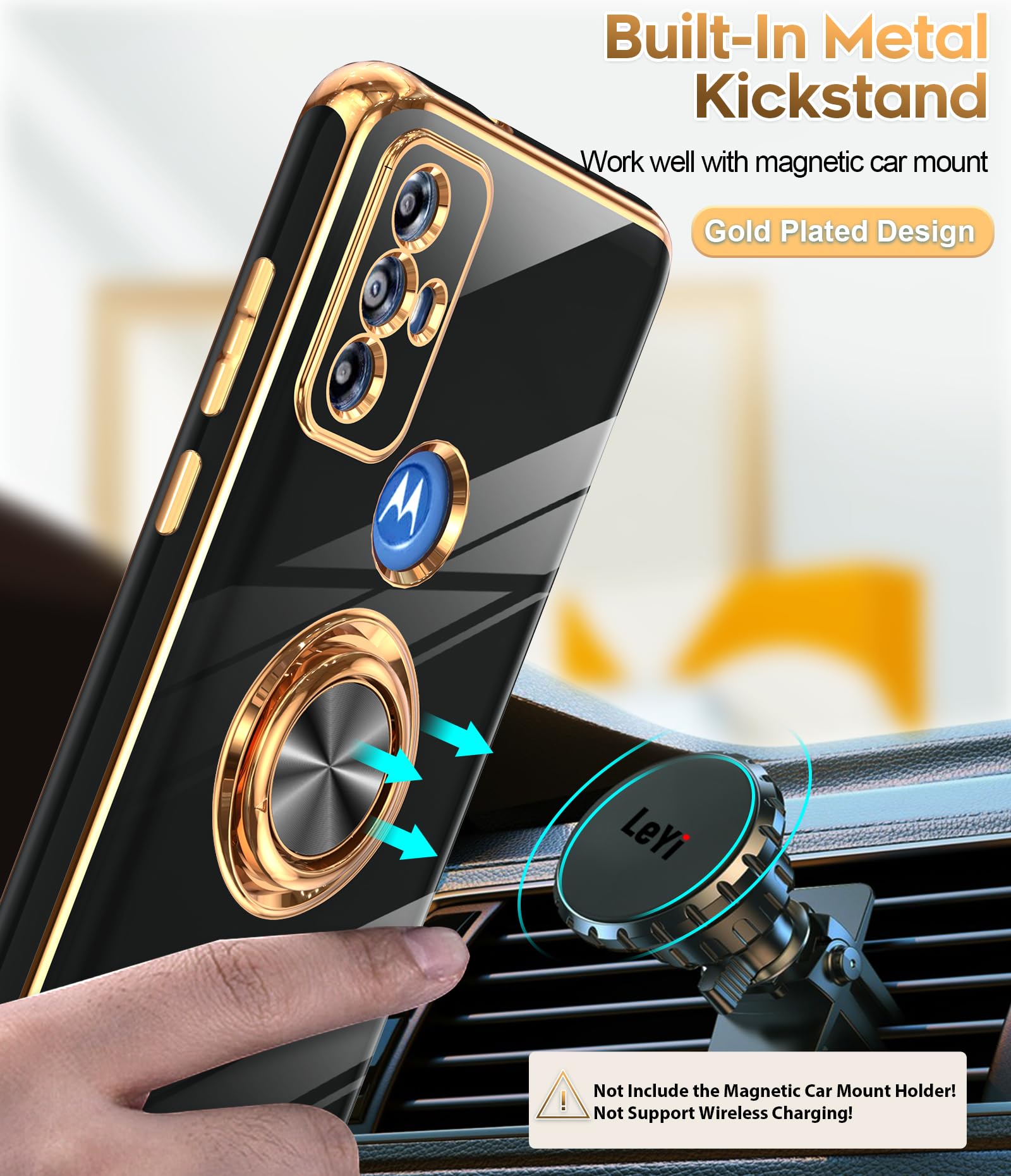 Leyi For Moto G Play 2023 Phone Case: With Tempered Glass Screen Protector [2 Pack] 360 Rotatable Ring Holder Magnetic Kickstand