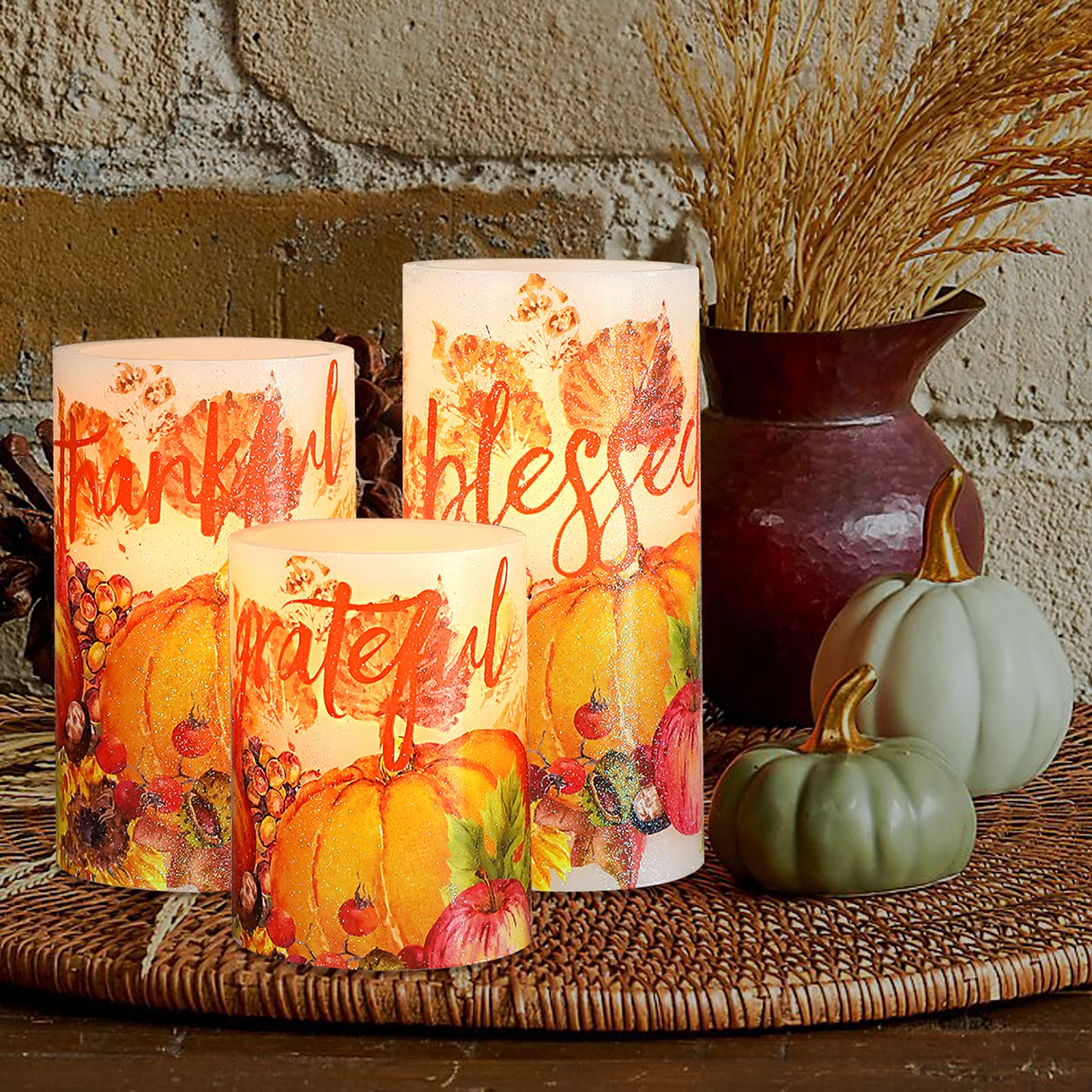 Petristrike Fall Decor Flameless Candles, Autumn Harvest Maple Leaf Pumpkin Led Candles, Battery Candle With Remote & Timer, Rea