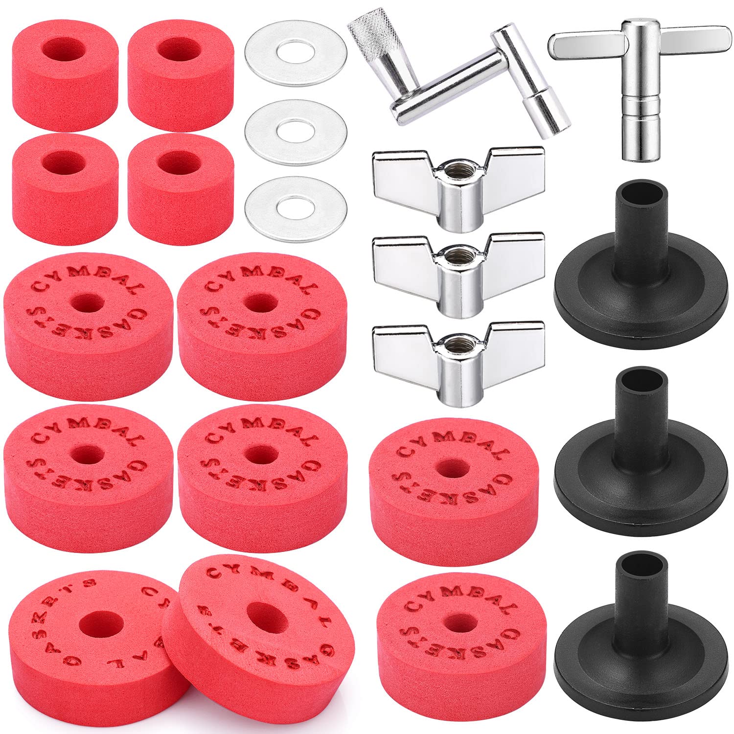 Facmogu 23Pcs Eva Material Cymbal Replacement Accessories, Cymbal Stand Tubes, Drum Cymbal Eva Pads Include Wing Nuts, Washers, Cymbal Sleeves & Drum Key   Red