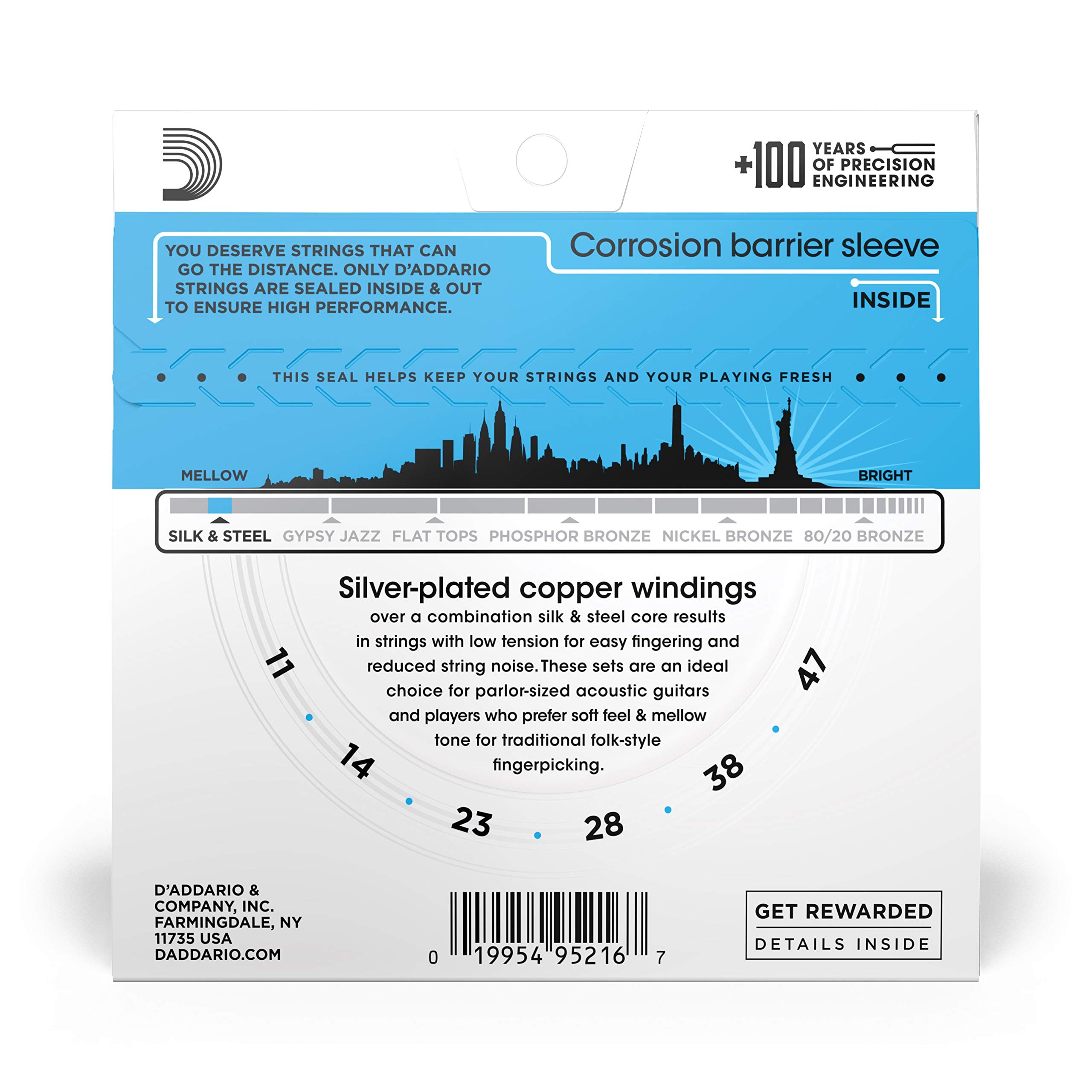 Daddario Silk & Steel Acoustic Guitar Strings - Ej40-6 String - Warm, Mellow Tone - Light, 11-47