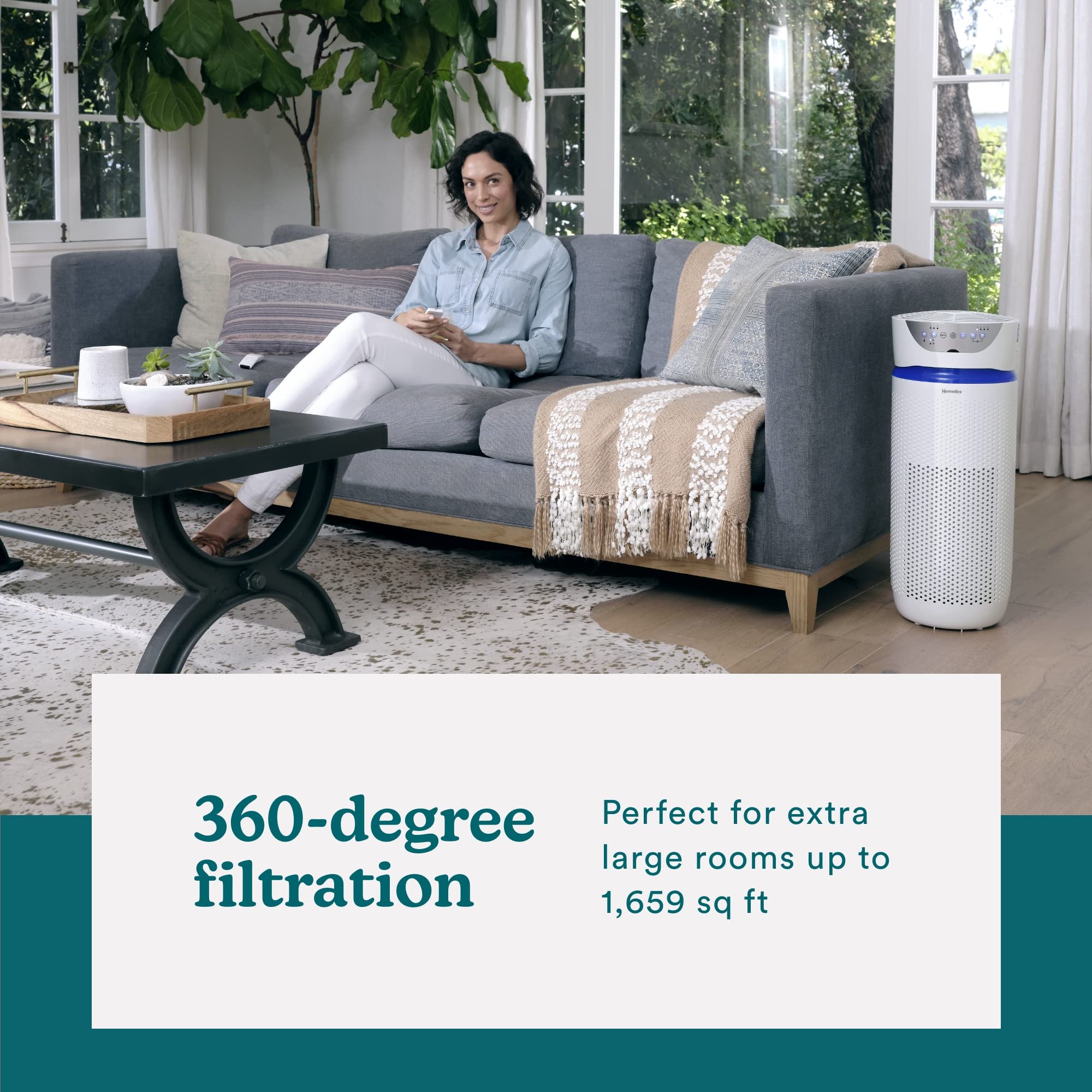 Homedics 5-in-1 UV-C Air Purifier, 360-Degree HEPA Filter, Extra Large Room, White, Model AP-T
