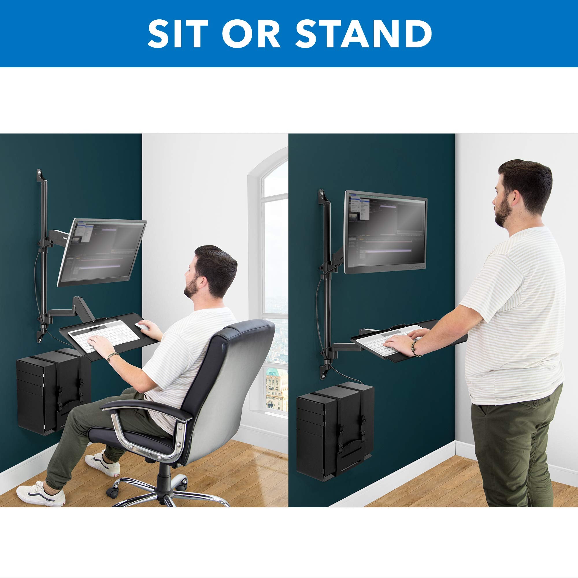 Mount It! Wall Mount Workstation with Single Monitor Mount, Keyboard Tray and CPU Holder, Height Adjustable Full Motion Arms, Fits One 32 Inch Computer Screens