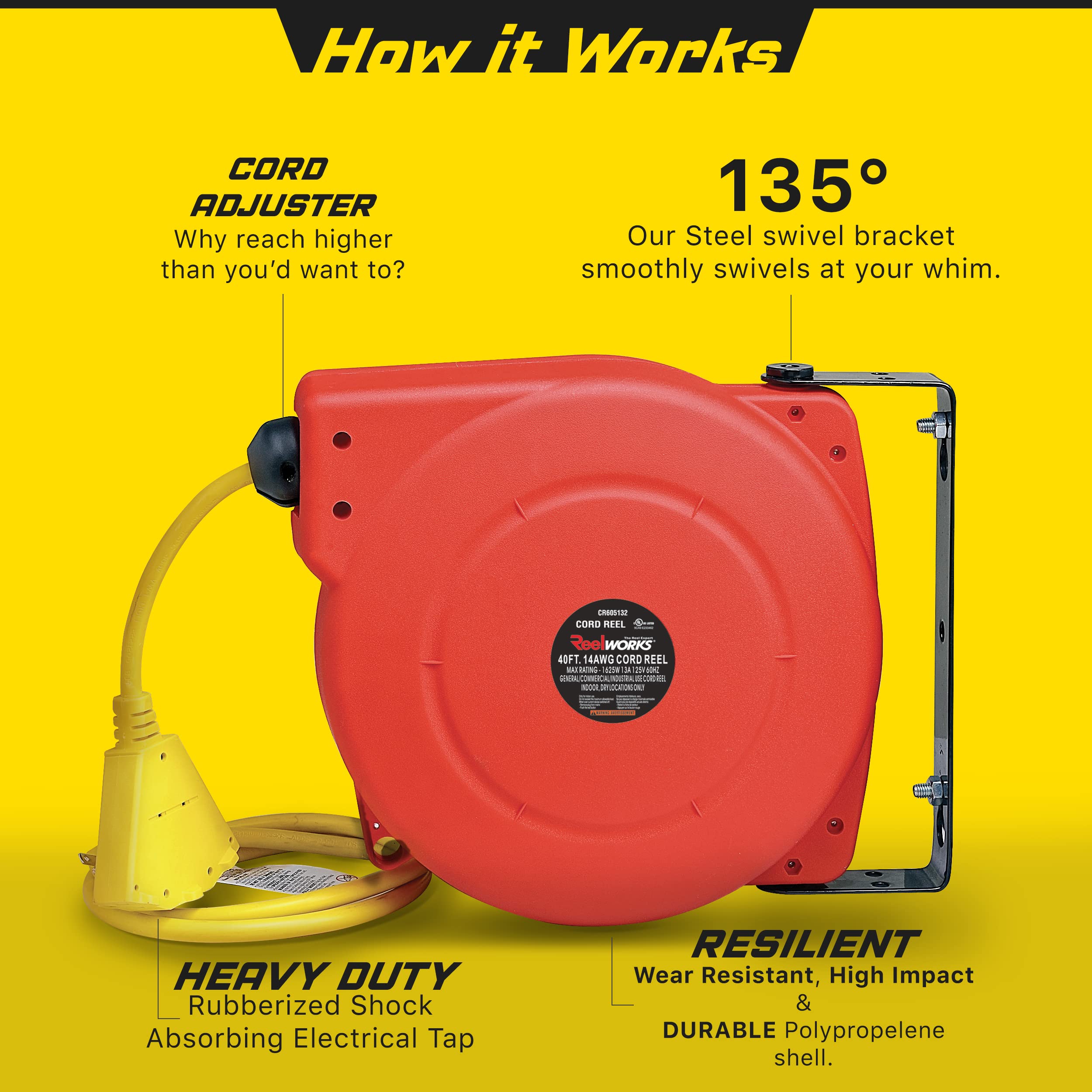 Reelworks Extension Cord Reel Retractable, 14Awg X 40' Ft 3C Sjt, Wall Mount Kit, 3 Outlet/Triple Tap Connector