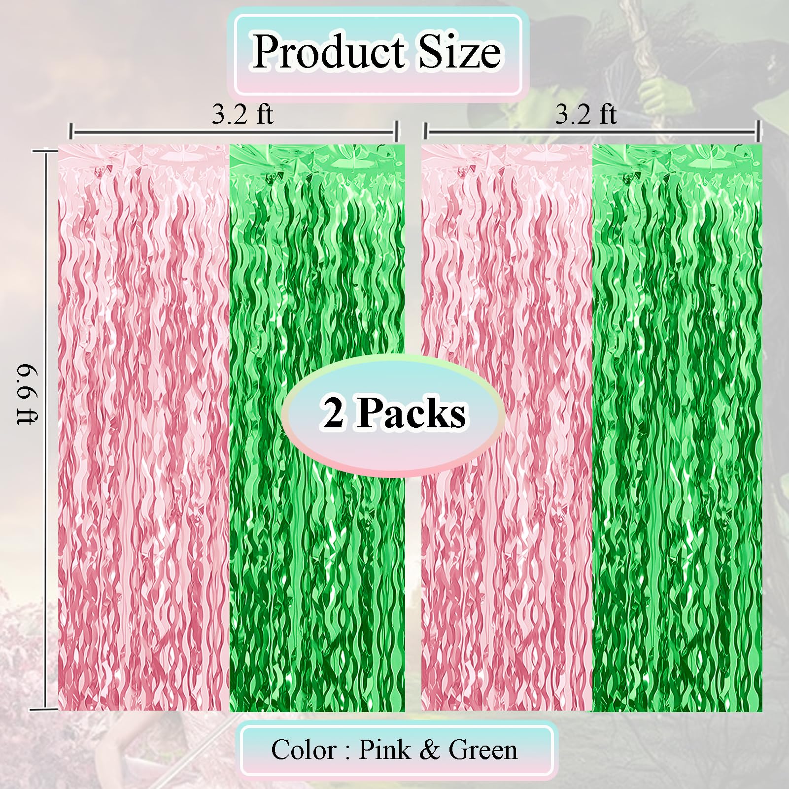 Pink And Green Wavy Tinsel Foil Fringe Curtains Photo Booth Backdrop For Green Pink Theme Birthday Party Witch Decorations(2 Pac