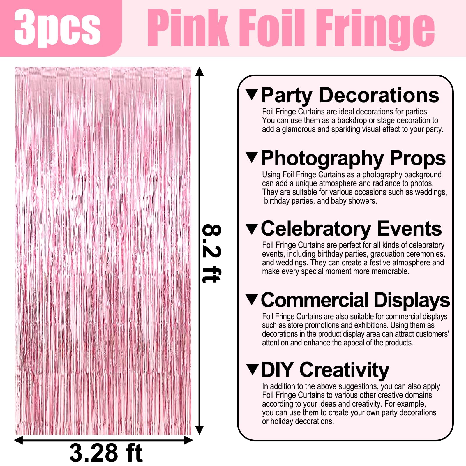 3 Pack Pink Foil Fringe Curtain Backdrop, 3.28Ft X 8.2Ft Metallic Tinsel Foil Fringe Streamer Curtains For Photo Booth, Christma