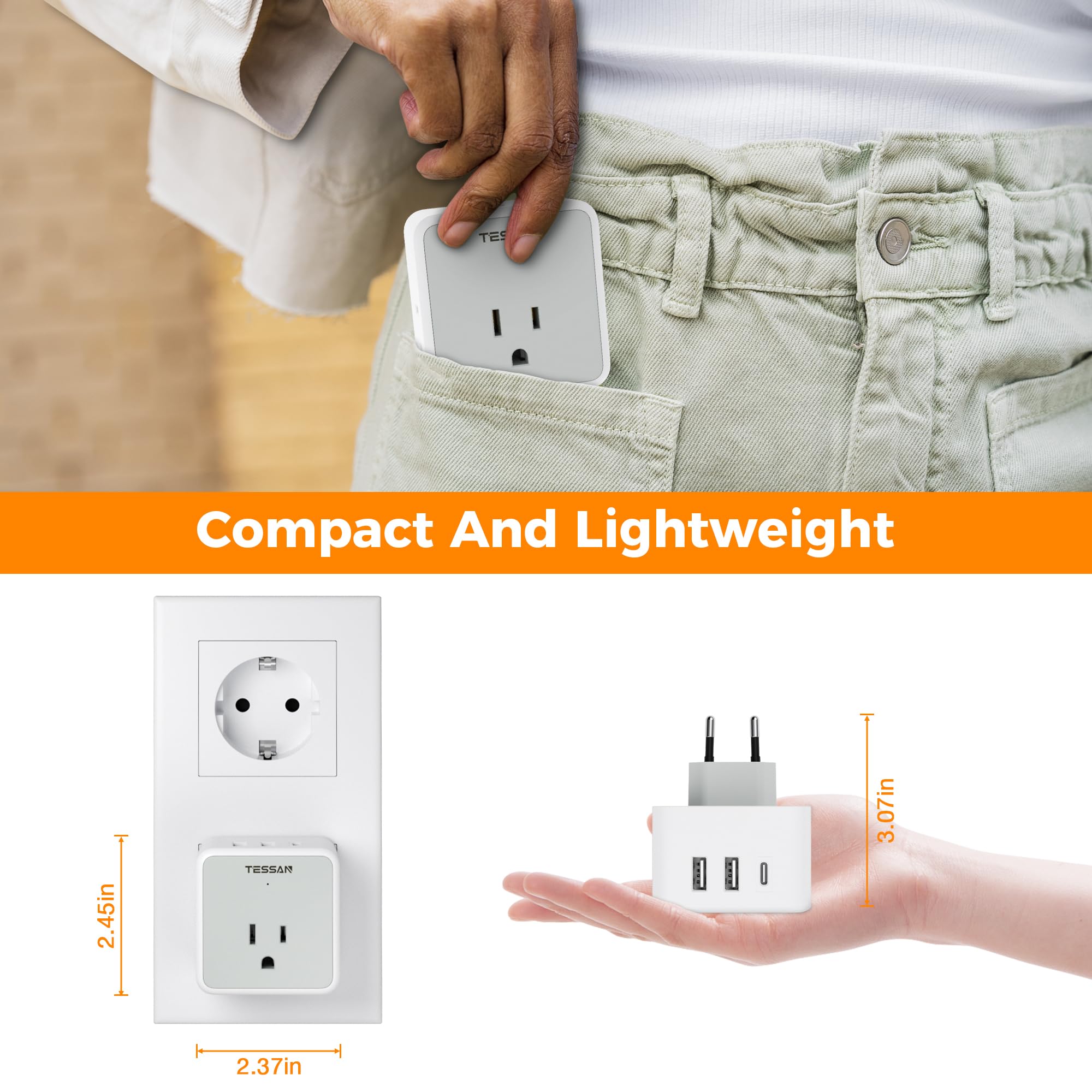 Tessan All European Italy Travel Plug Adapter Kit, International Detachable Converter With 3 Outlet 3 Usb Charger (1 Usb C), Typ