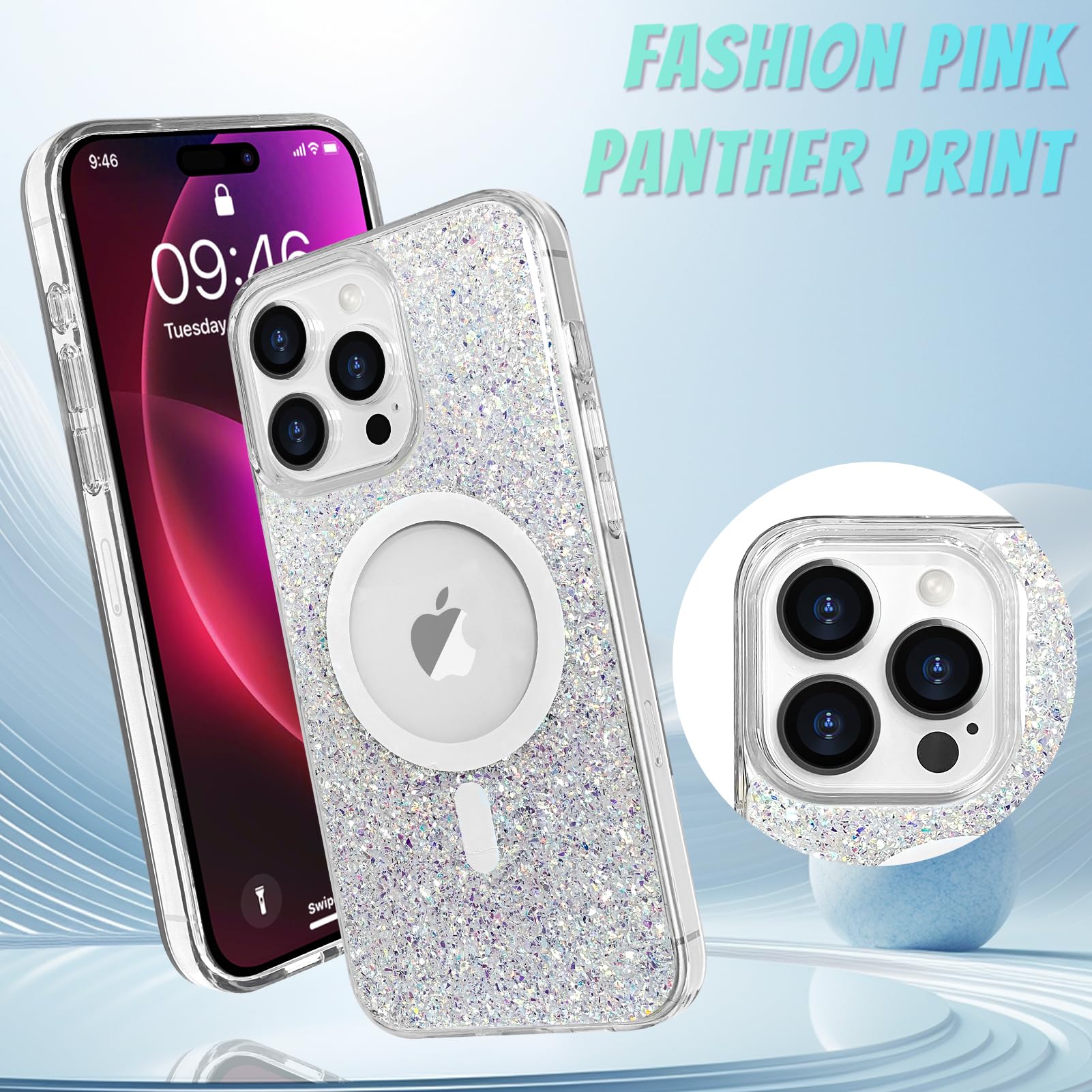 Bonoma For Iphone 16 Pro Max Case, Sparkly Glitter Bling Back, Magnetic Support For Magsafe Shockproof Case, Crystal And Clear H